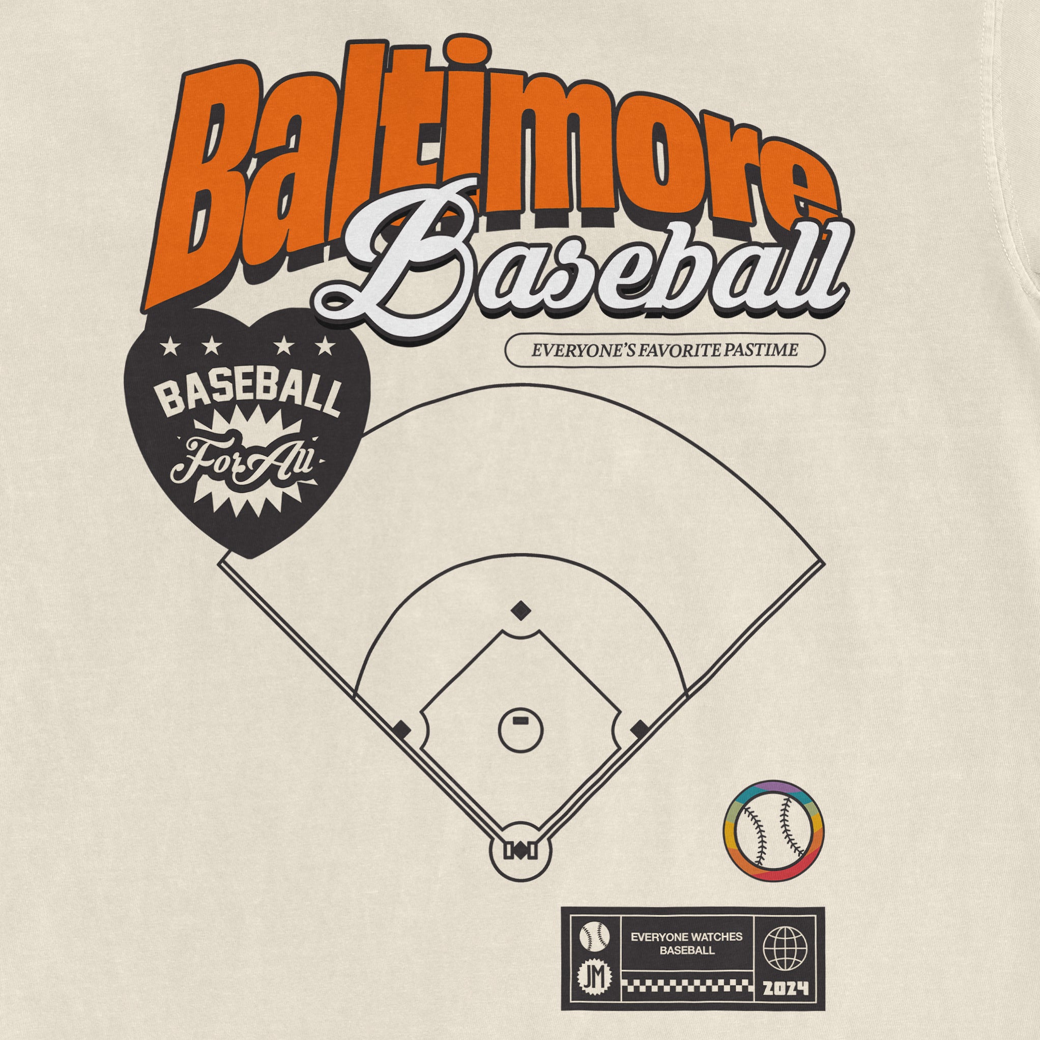 Vintage Comfort Colors T-shirt featuring Baltimore Baseball Pride design with a baseball field diagram, colorful logo, and text.