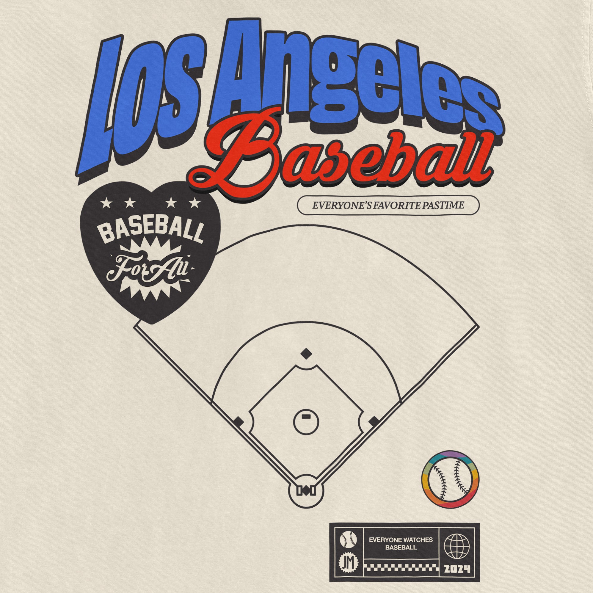 Comfort Colors vintage tee featuring "Los Angeles Baseball Pride" text, a baseball diamond graphic, and colorful baseball icon.