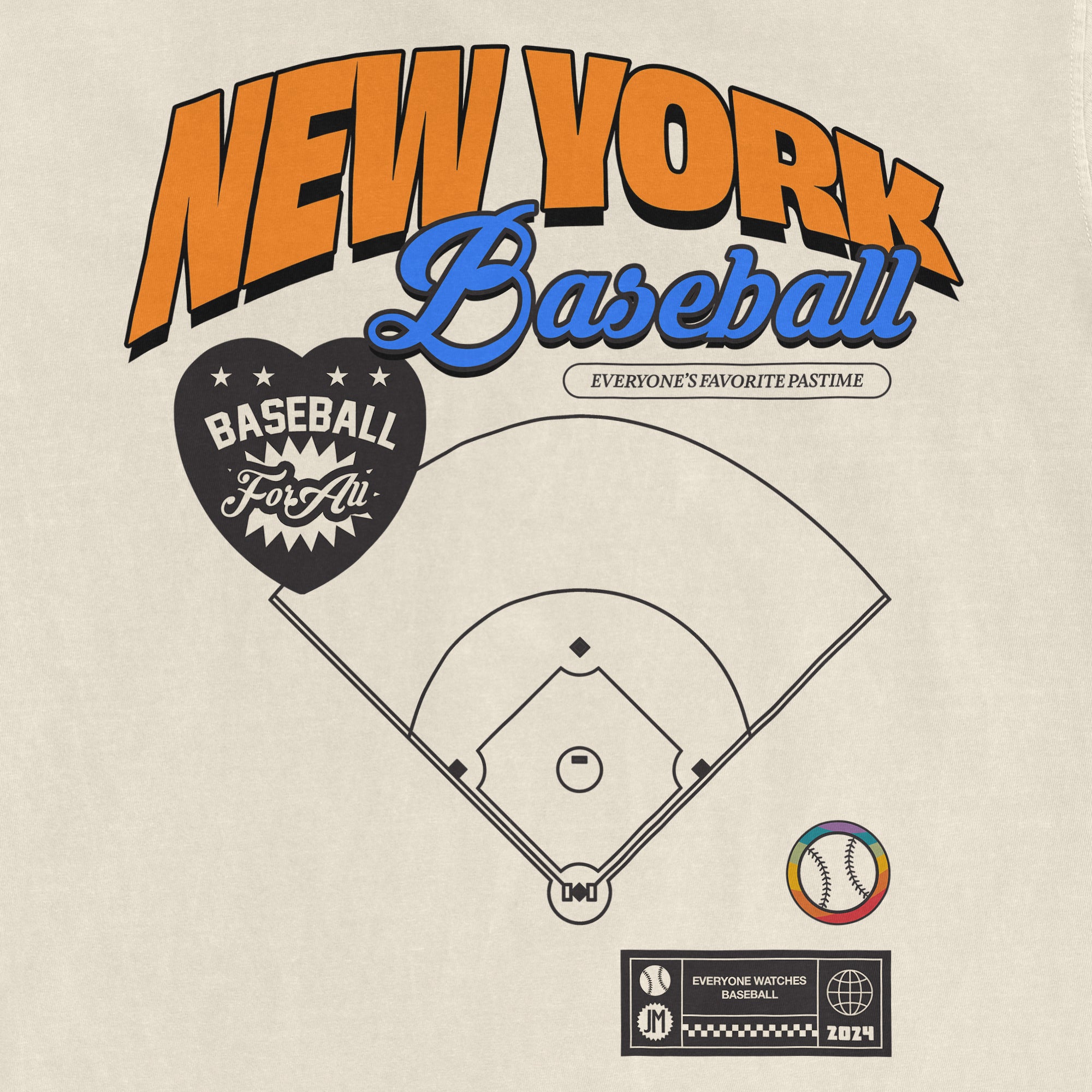Graphic design featuring "New York Baseball" in bold orange and blue text, a baseball field diagram, and various baseball-themed elements.