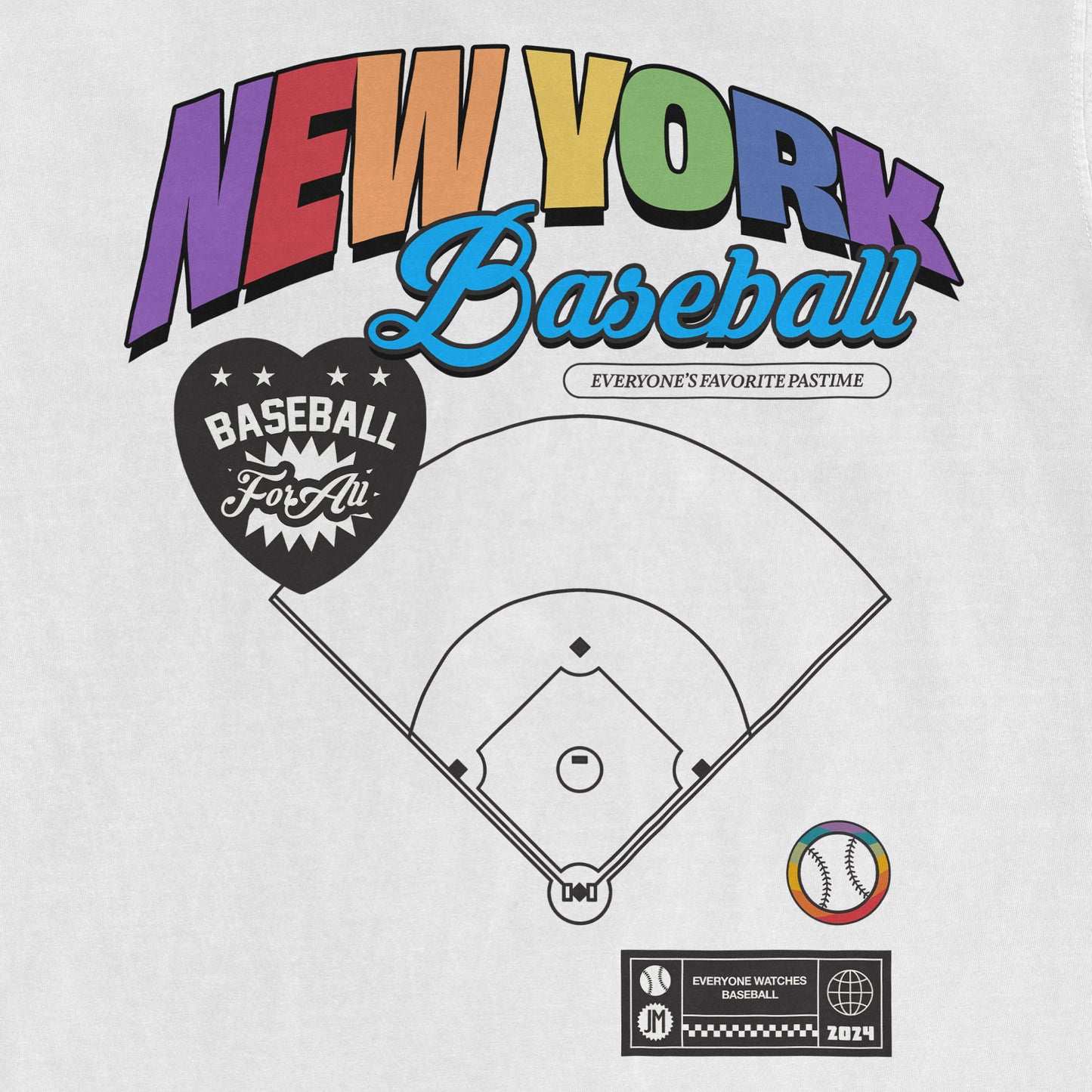 Colorful "New York Baseball" text with a baseball diamond graphic, a heart-shaped "Baseball For All" logo, and a rainbow-colored baseball.