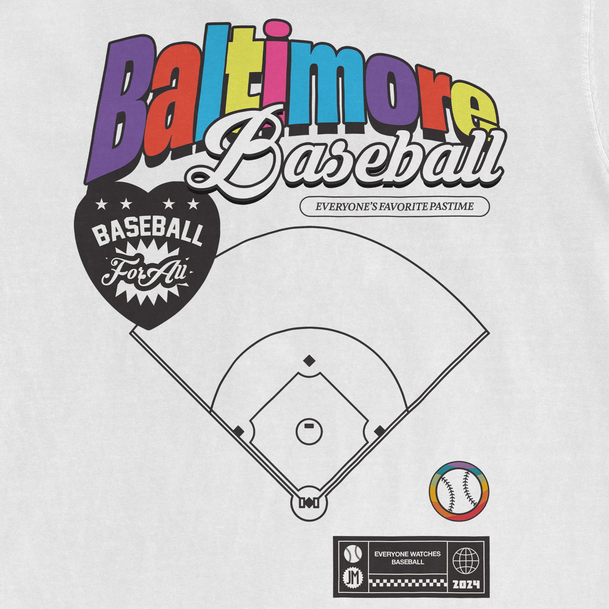 Comfort Colors vintage tee featuring colorful "Baltimore Baseball Pride" text, baseball field graphic, and team-themed design.
