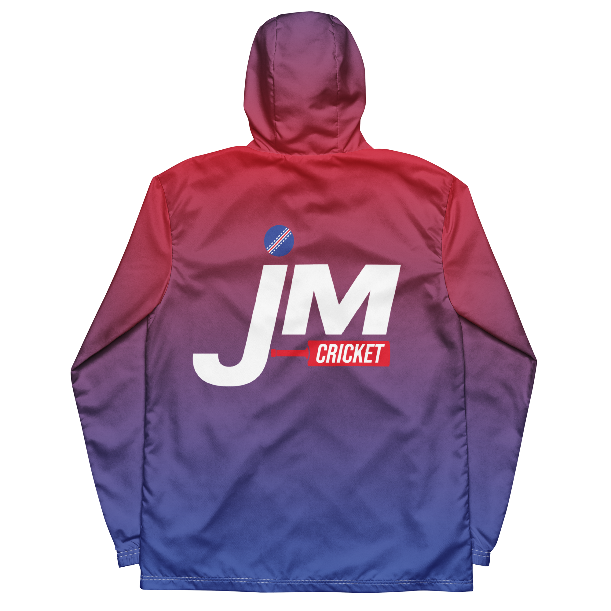 JM Cricket Ombre Windbreaker featuring a gradient design and bold logo, perfect for cricket fans and outdoor activities.
