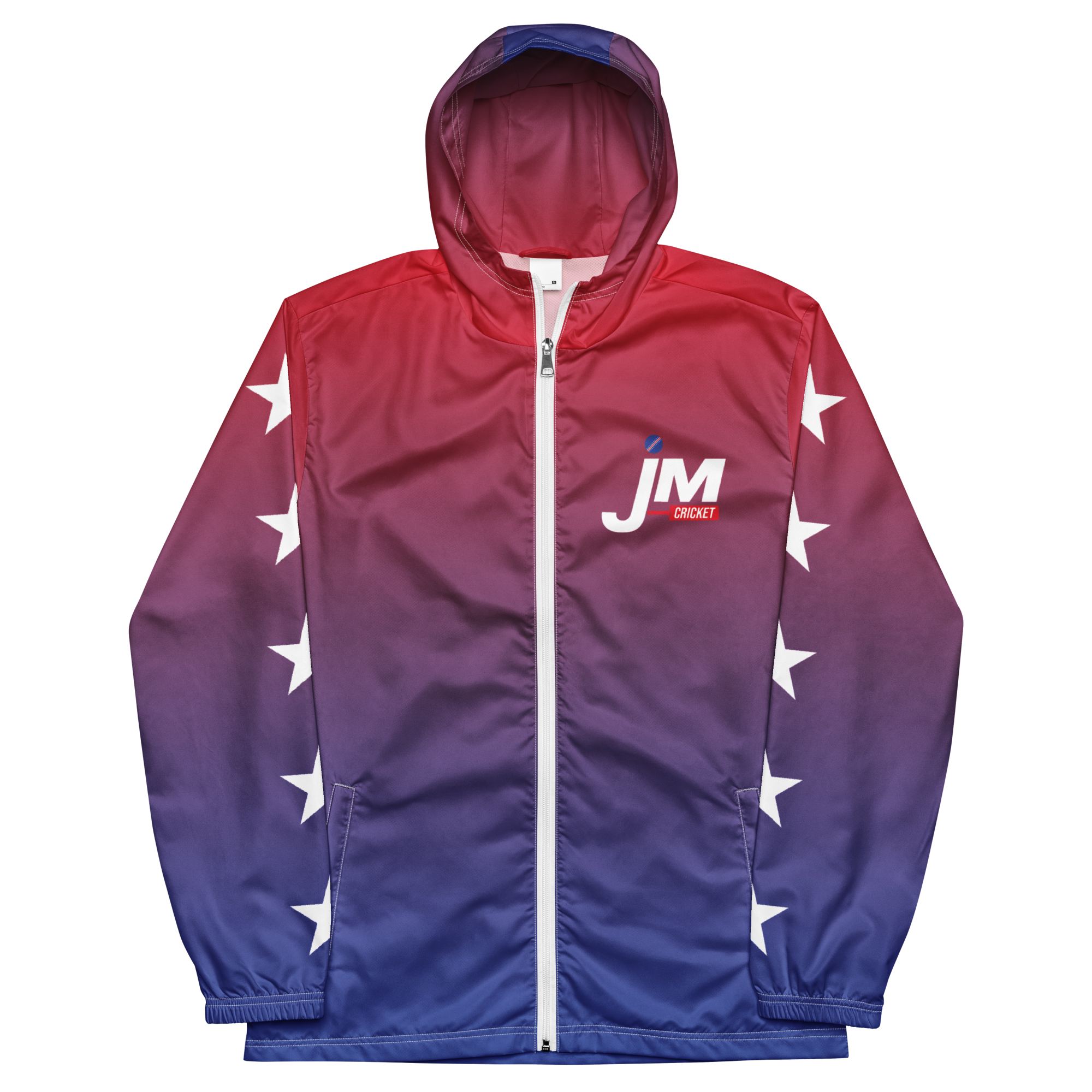 JM Cricket Ombre Windbreaker featuring a gradient design from red to blue with white stars and logo on the front.