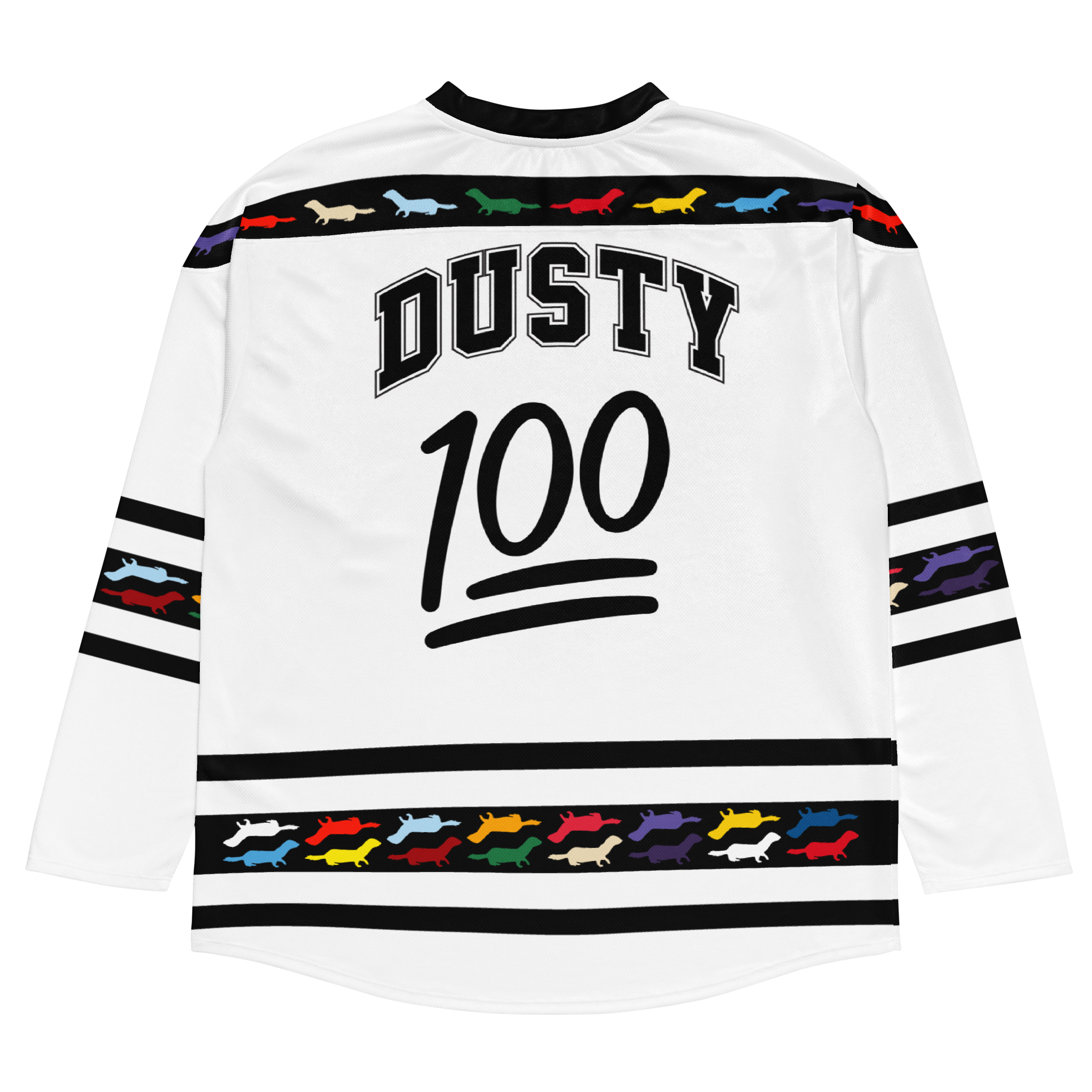 White floorball jersey featuring "DUSTY" and "100" on the back, with colorful dog silhouettes along the hem.