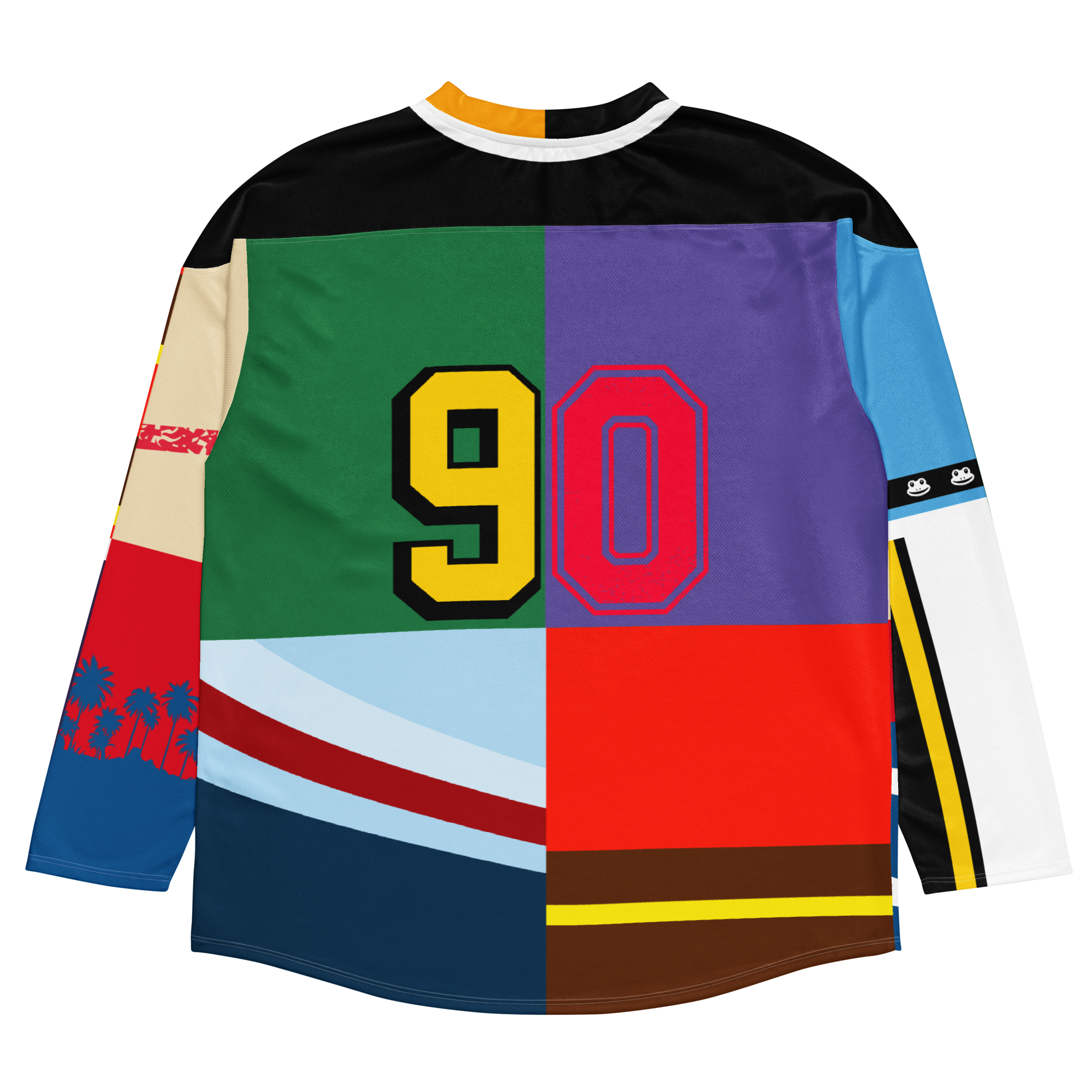 Colorful floorball jersey featuring a patchwork design with the number 90 prominently displayed on the back.