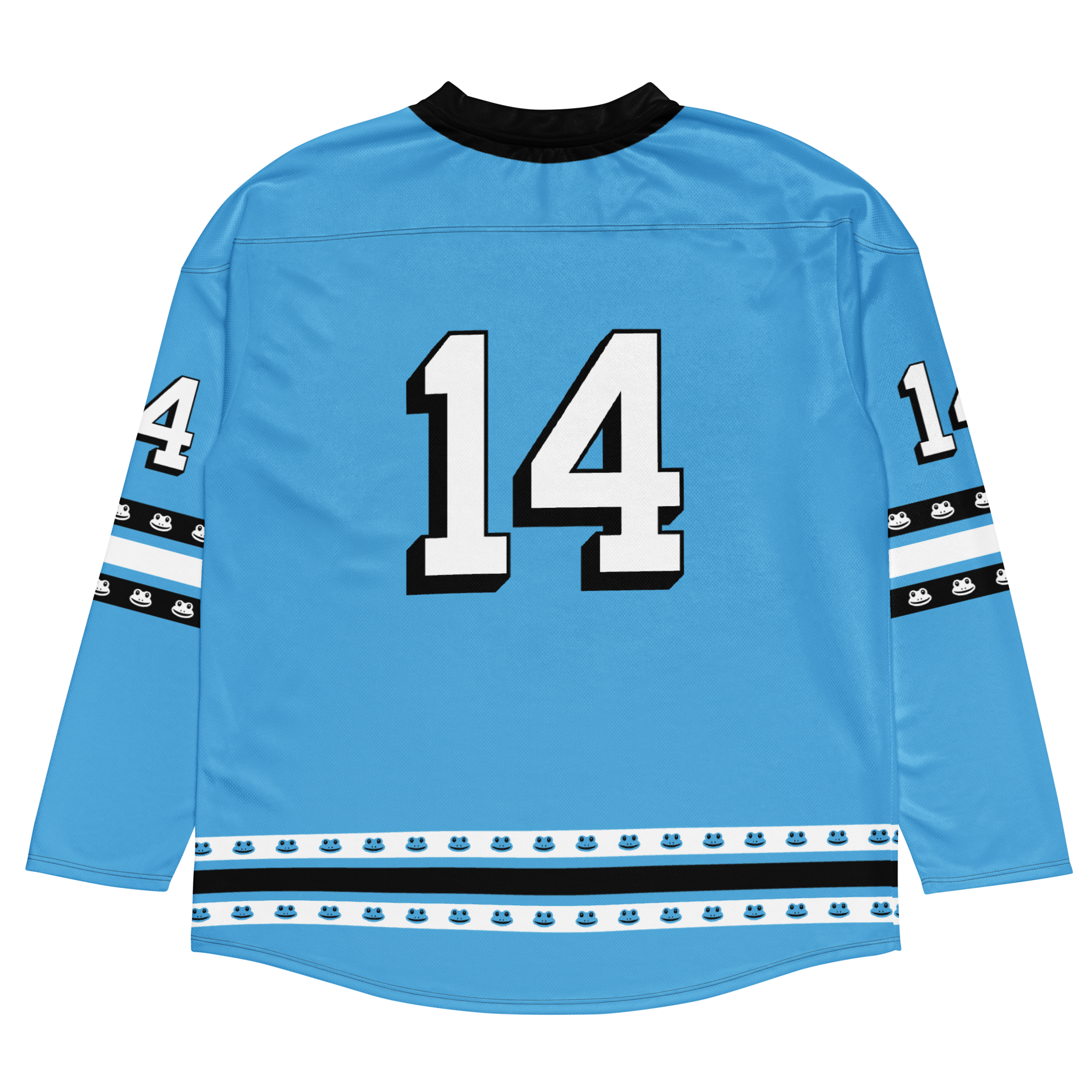 Light blue floorball jersey featuring the number 14 on the back and striped accents on the sleeves.