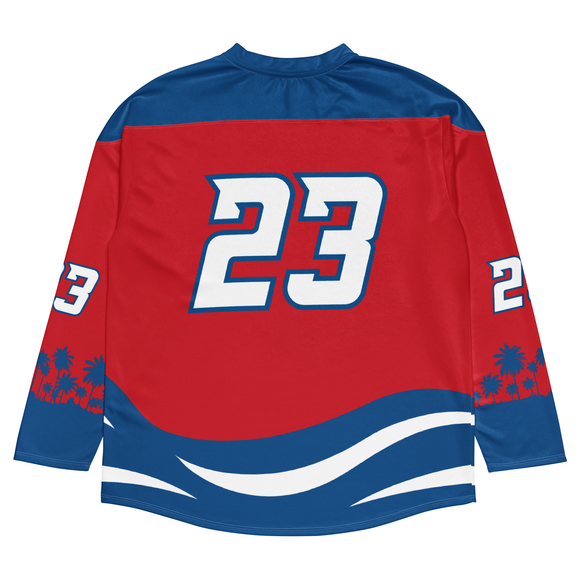 Red and blue floorball jersey featuring the number 23 and a tropical palm tree design on the sleeves.