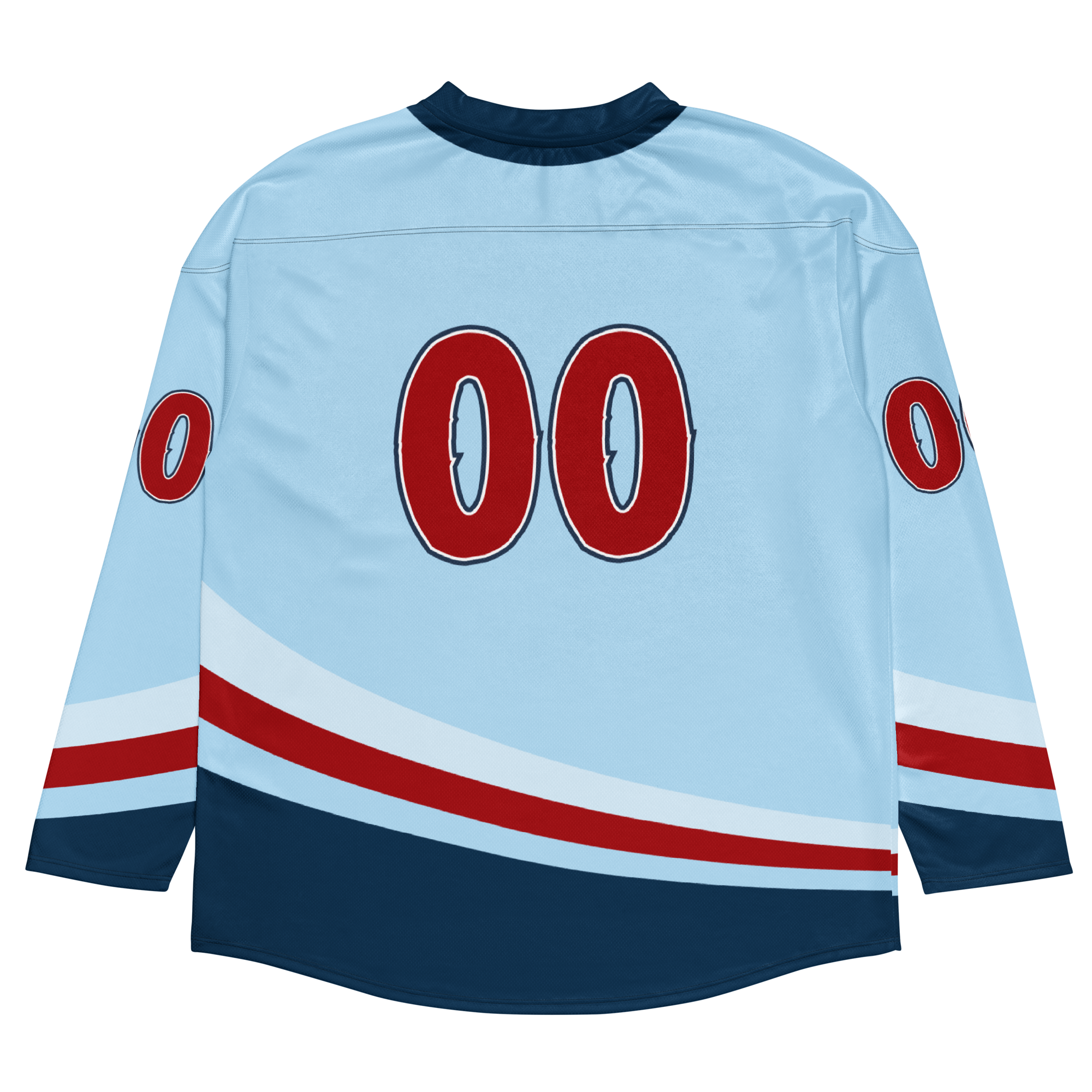 Light blue floorball jersey featuring bold red numbers "00" on the back and sleeves, with a stylish striped design.