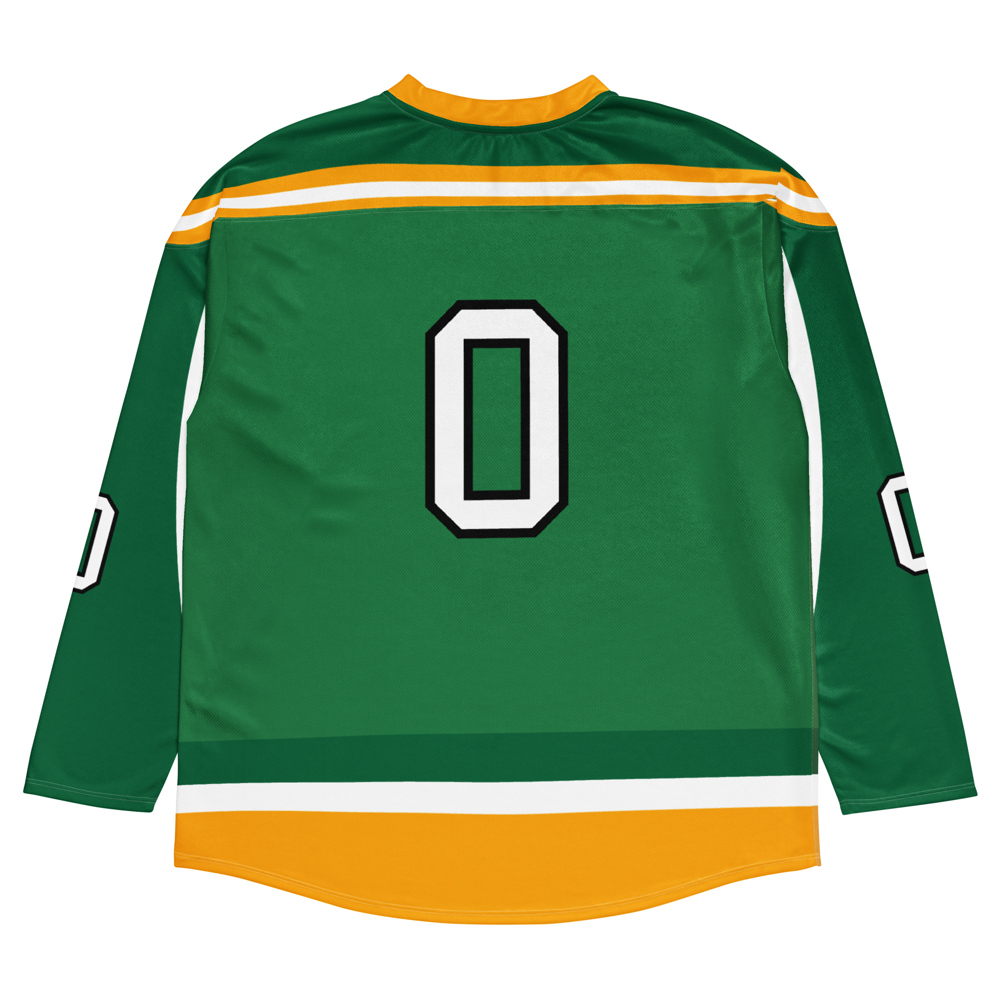 Green floorball jersey featuring a large number zero on the back, with orange and white stripes on the sleeves.