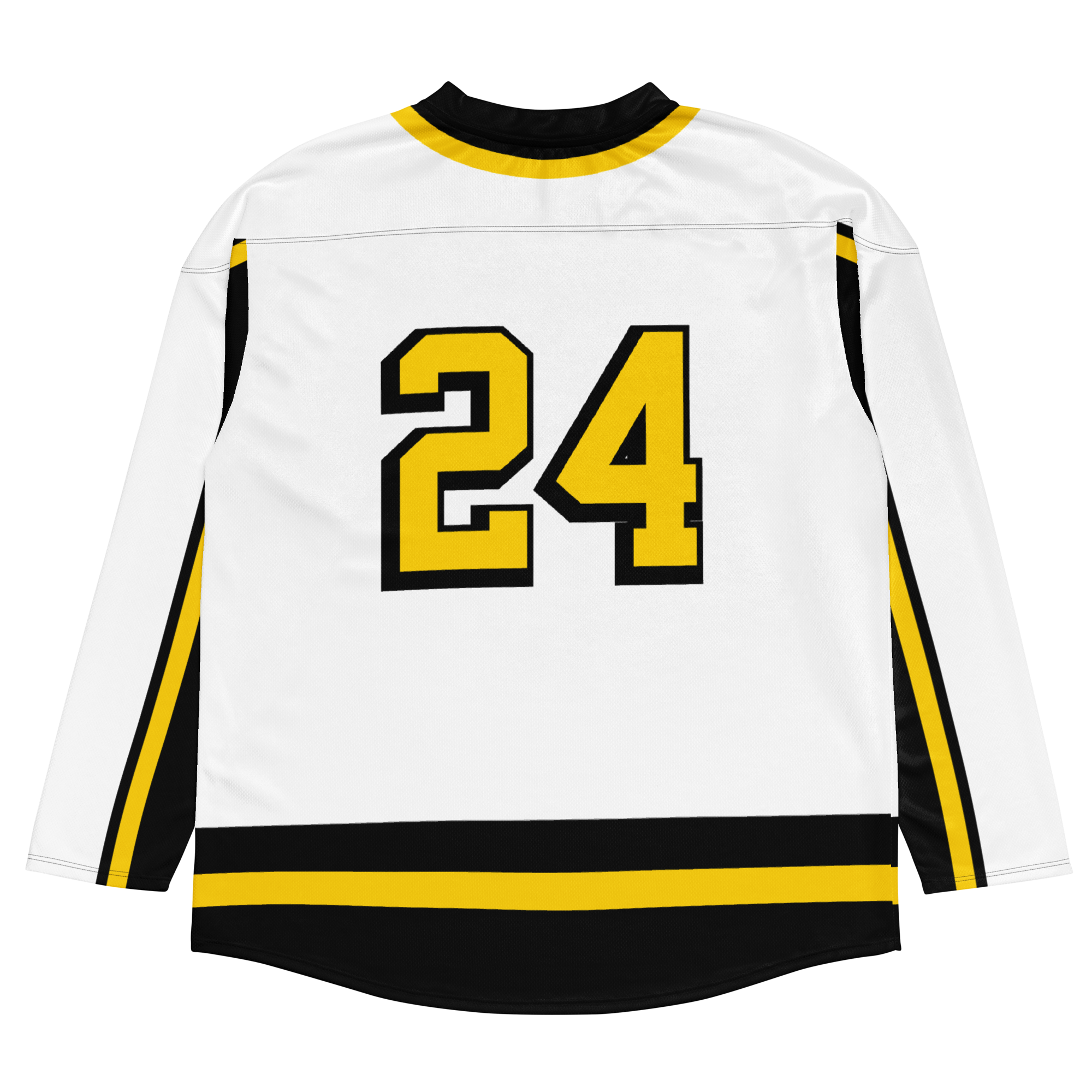White floorball jersey featuring black and yellow stripes with the number 24 prominently displayed on the back.