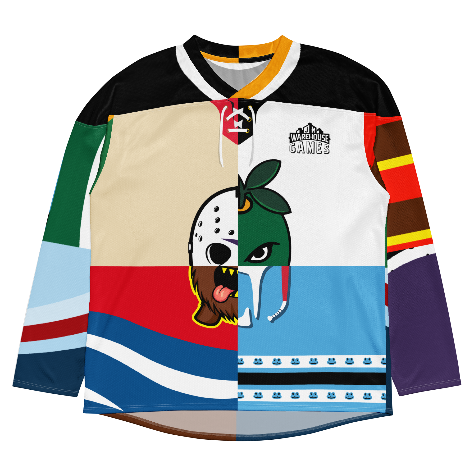 Colorful floorball jersey featuring various playful designs and patterns, perfect for fans and players alike.