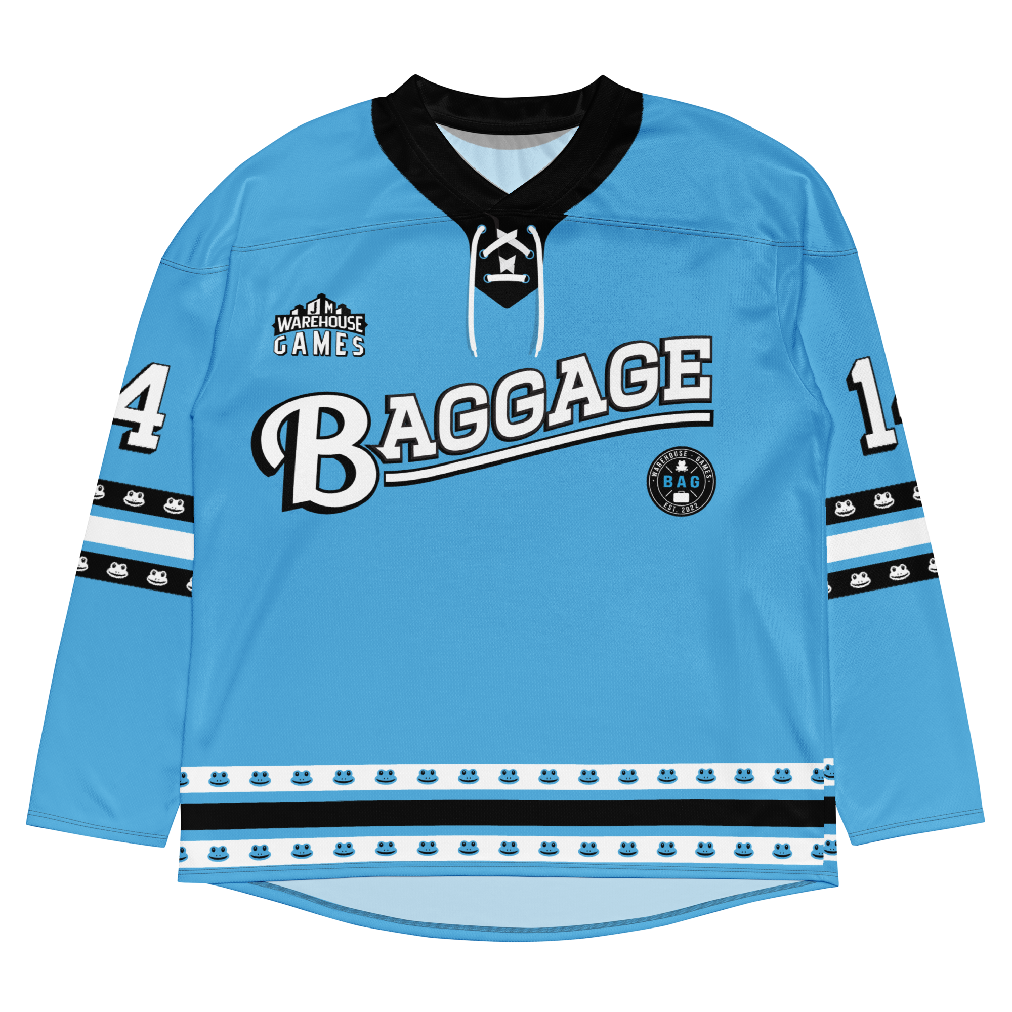 Light blue floorball jersey featuring "Baggage" logo, black accents, and striped details. Ideal for sports enthusiasts.