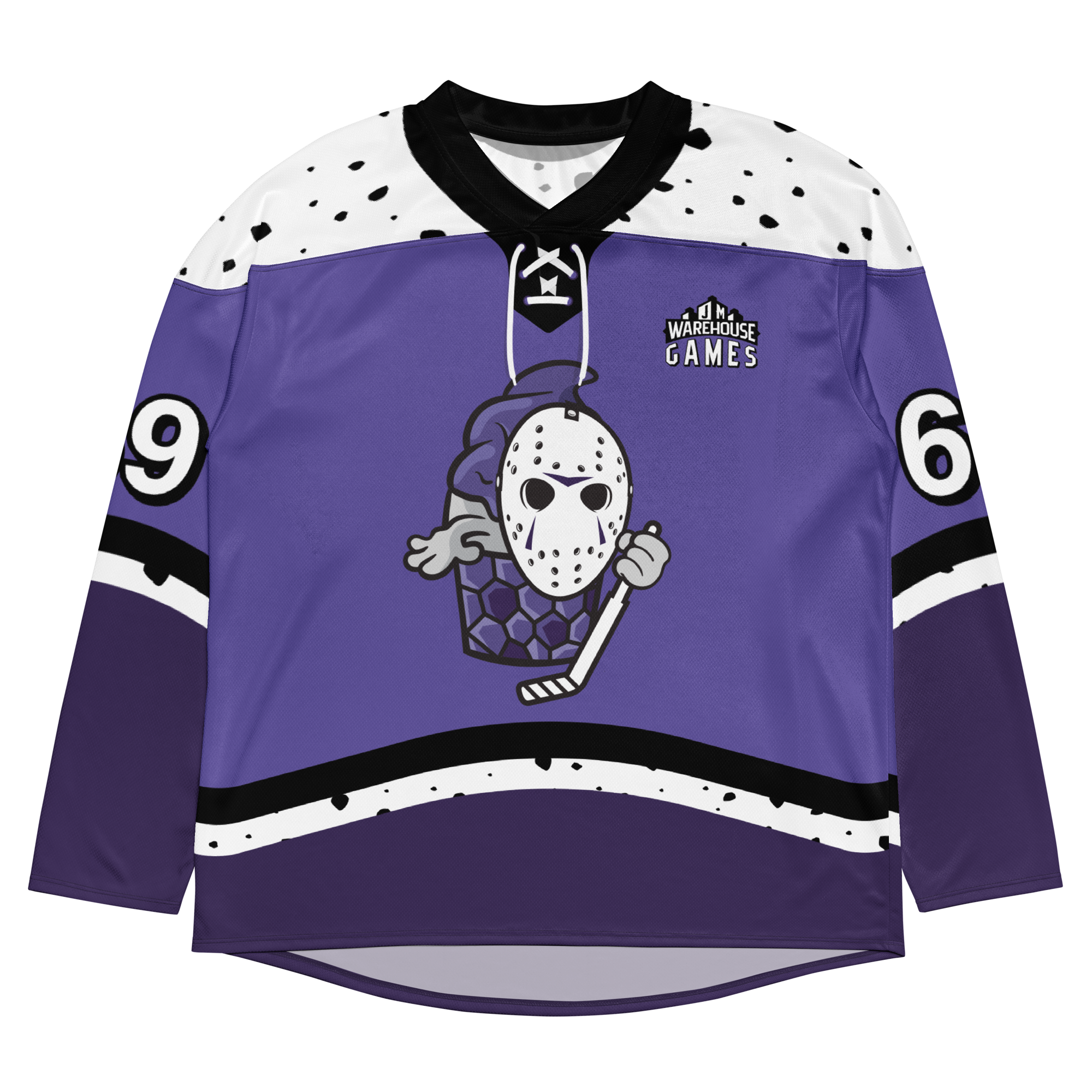 Purple floorball jersey featuring a playful graphic of a masked character holding a stick, with a sporty design.