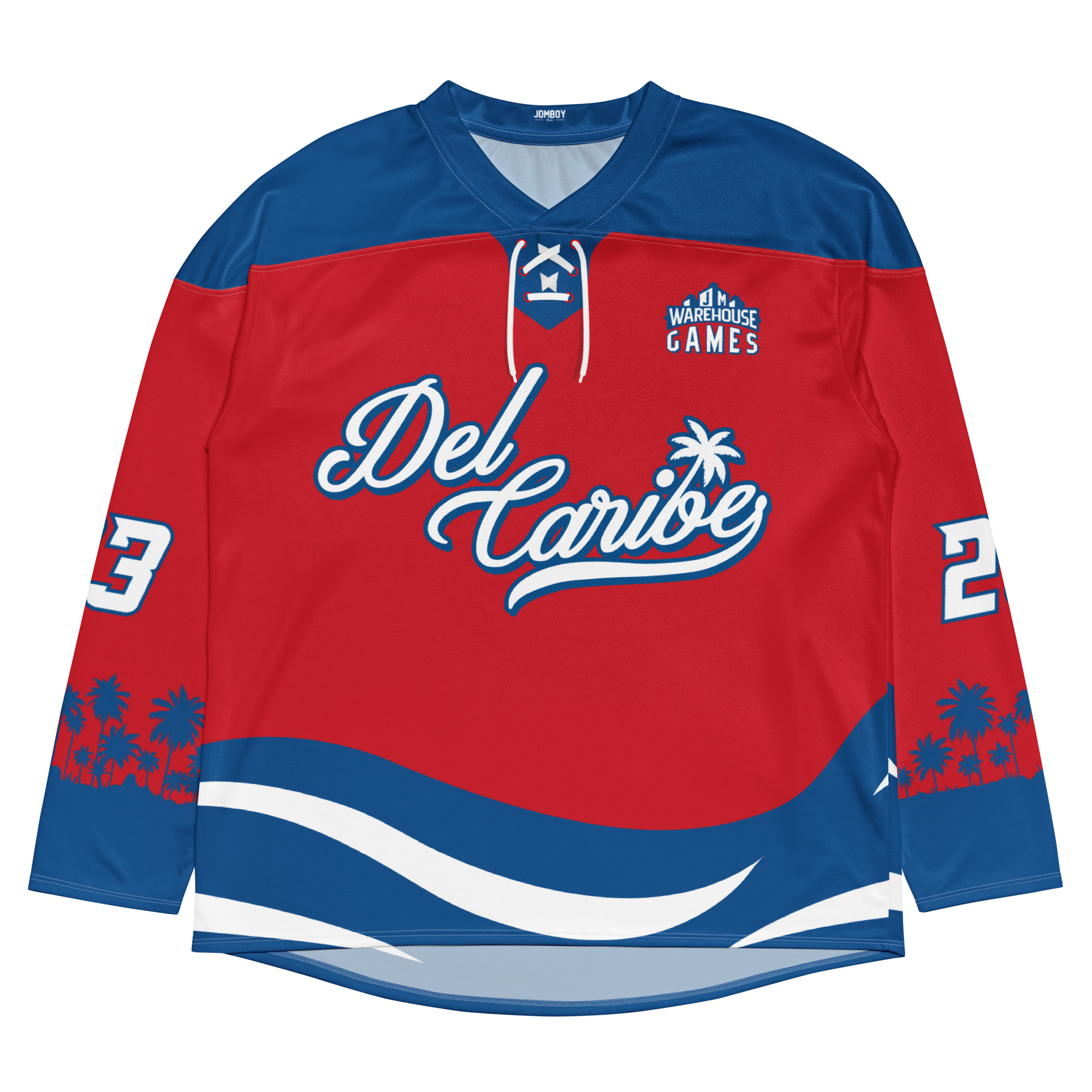 Del Caribe Floorball jersey featuring a vibrant red and blue design with palm tree graphics and the number 23.