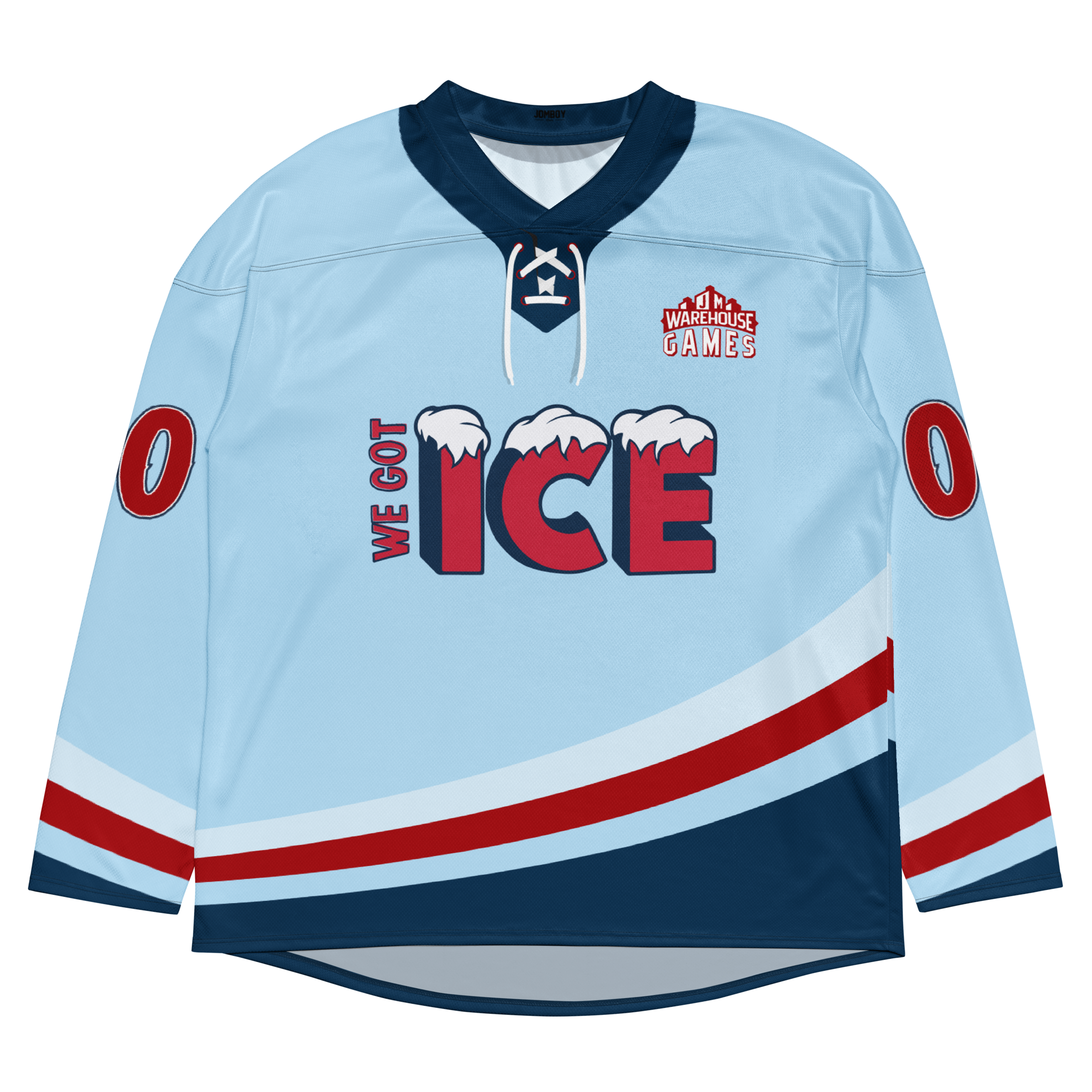Light blue floorball jersey featuring "We Got Ice" text and red and navy accents, ideal for sports enthusiasts.
