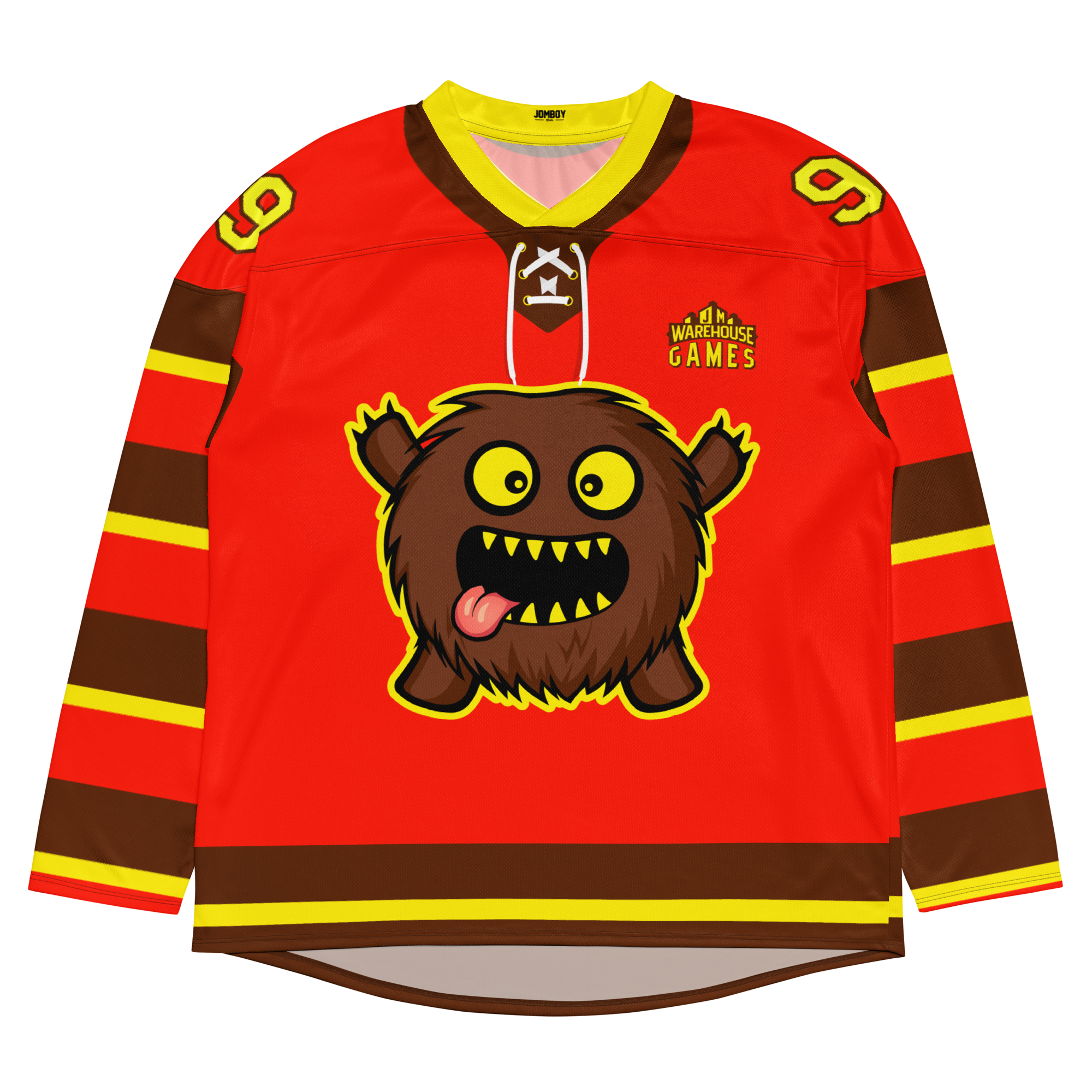 Bright red floorball jersey featuring a playful cartoon monster with brown fur and a goofy expression, branded with Warehouse Games.