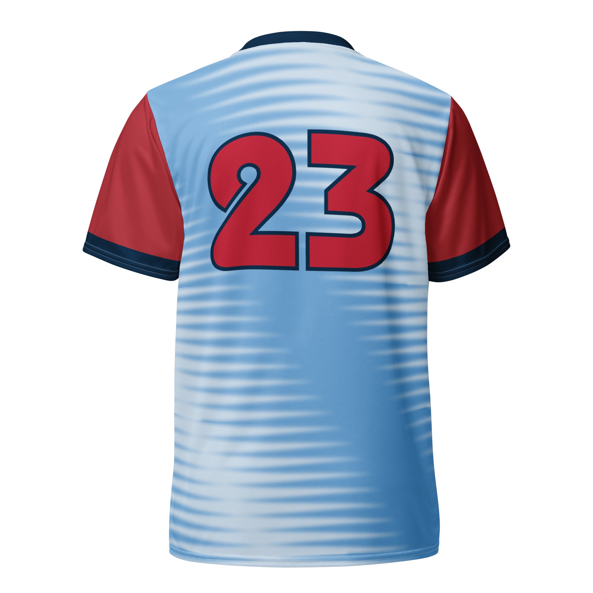 Back of a light blue sports jersey with red and navy accents, featuring the number "23" in large red font outlined in navy.