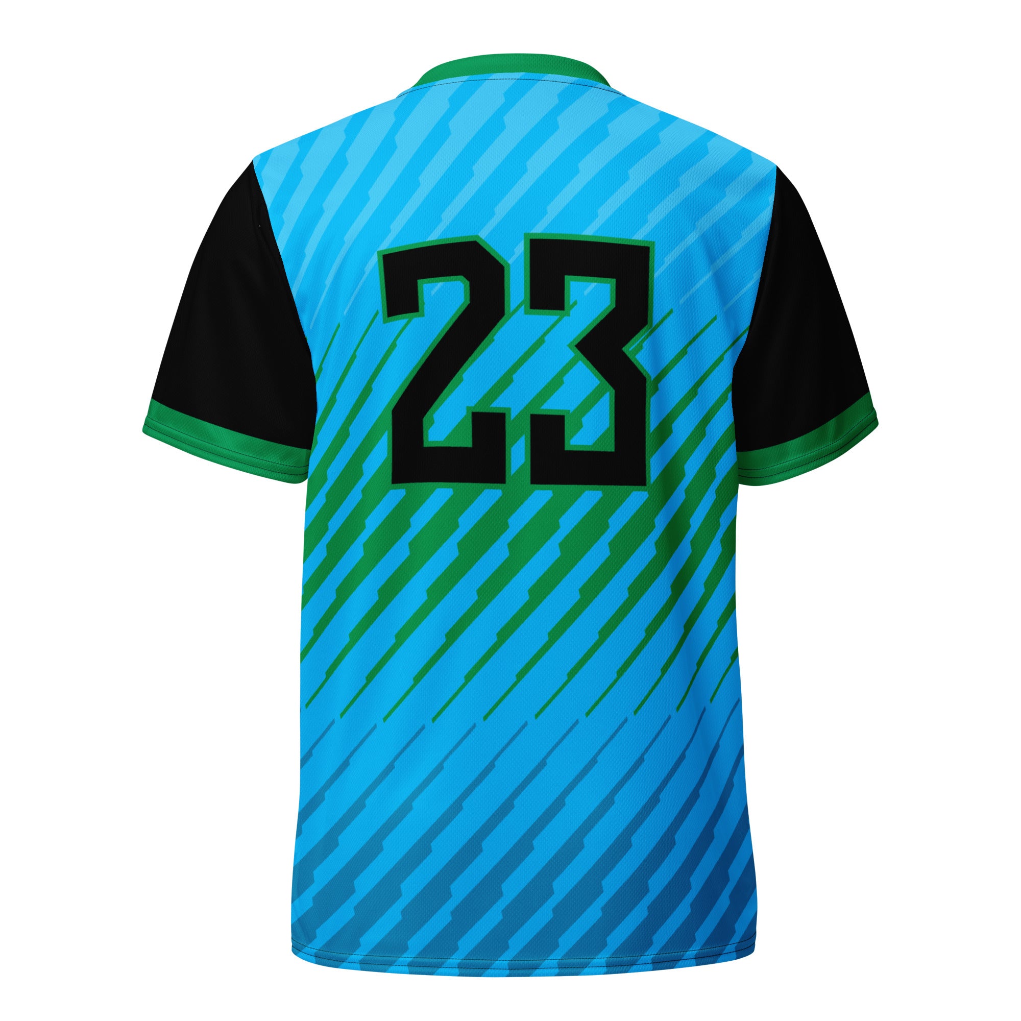 Back of a blue and black sports jersey with green accents, featuring the number 23 in bold black font.
