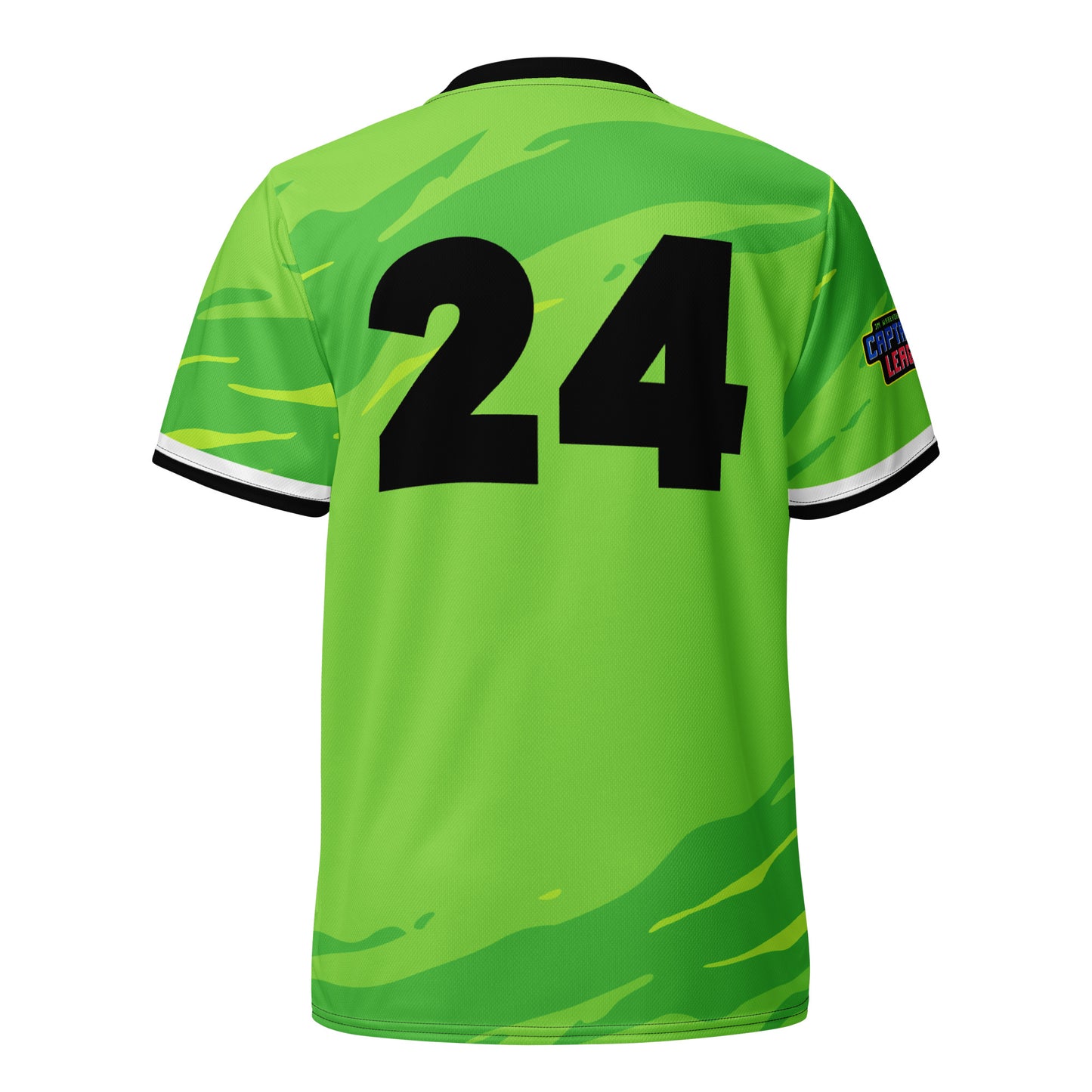 Green Captains' League jersey with black number 24 and a patch on the sleeve, featuring a black collar and white trim.