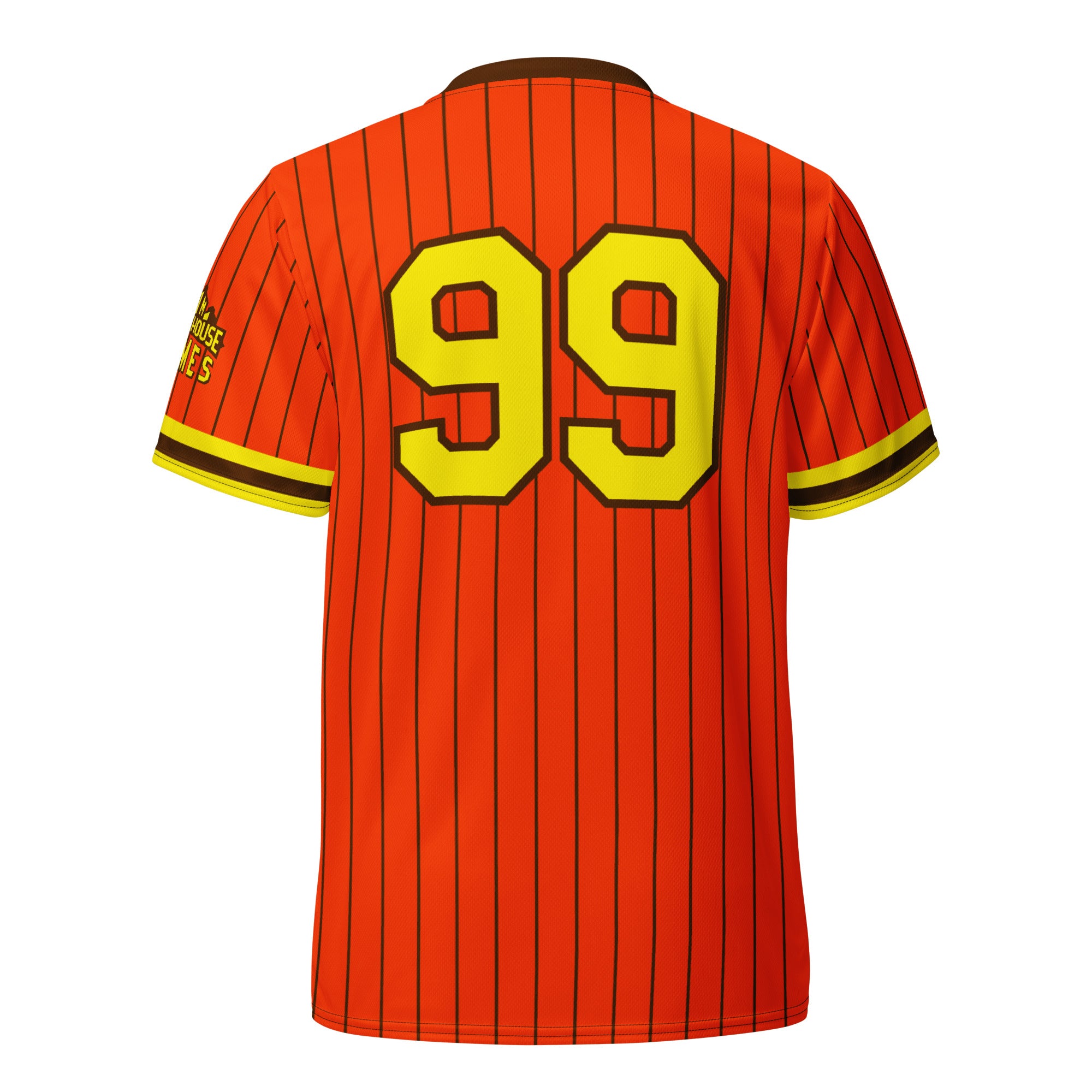 Orange Blitzball Battle 5 jersey with black pinstripes, large yellow number 99 on back, and "The Woogas" logo on sleeve.