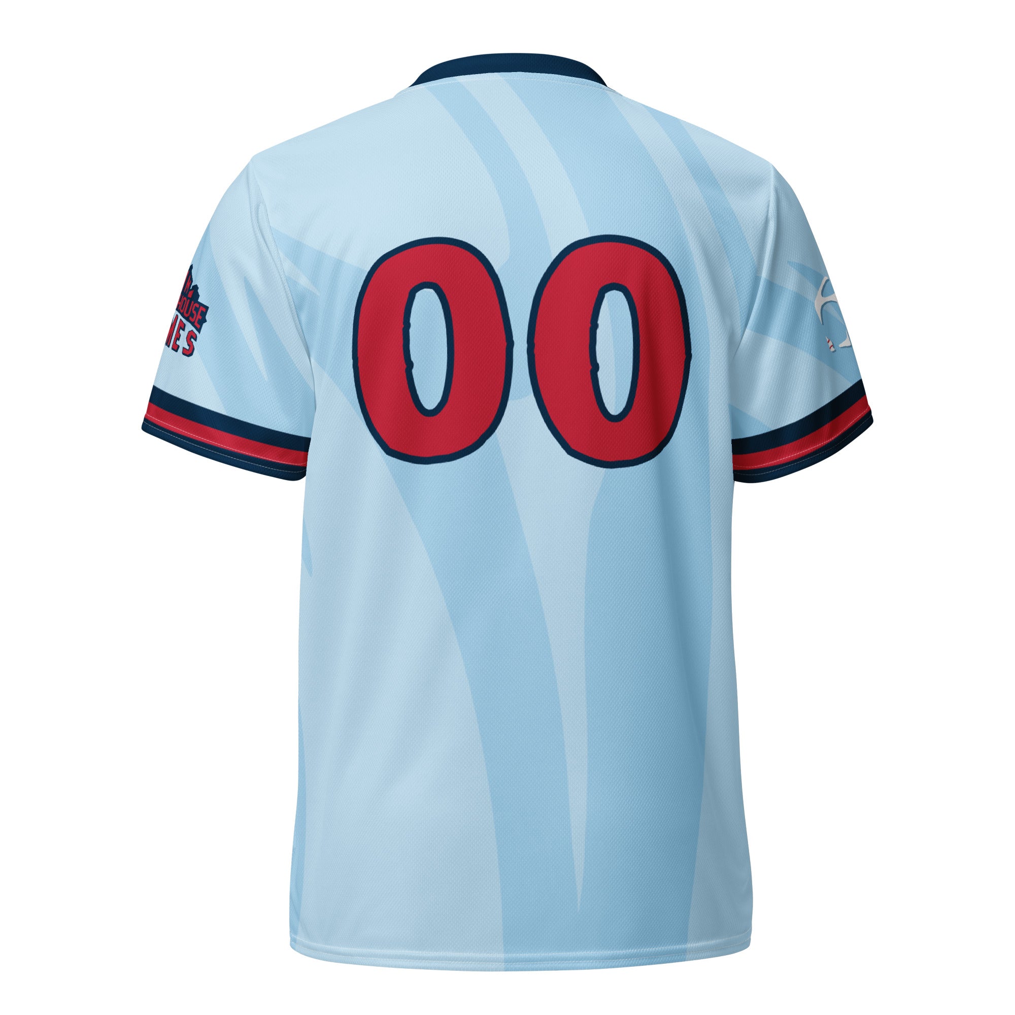 Light blue Blitzball Battle 6 jersey with red "00" numbers, black and red trim, and a patch on the sleeve.
