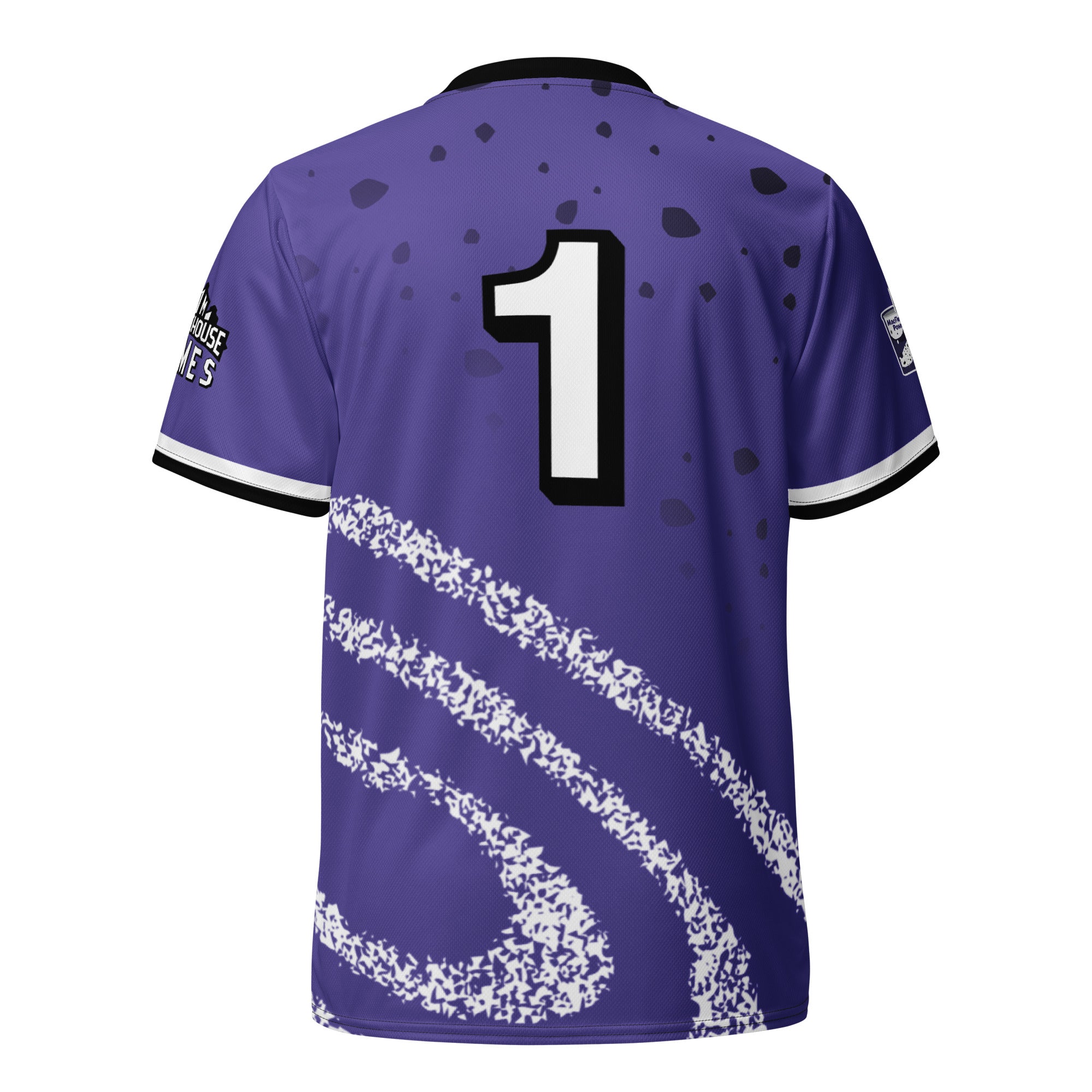Back view of a purple Blitzball Battle 5 jersey featuring the number 1, with white and black accents, and sponsor logos on sleeves.