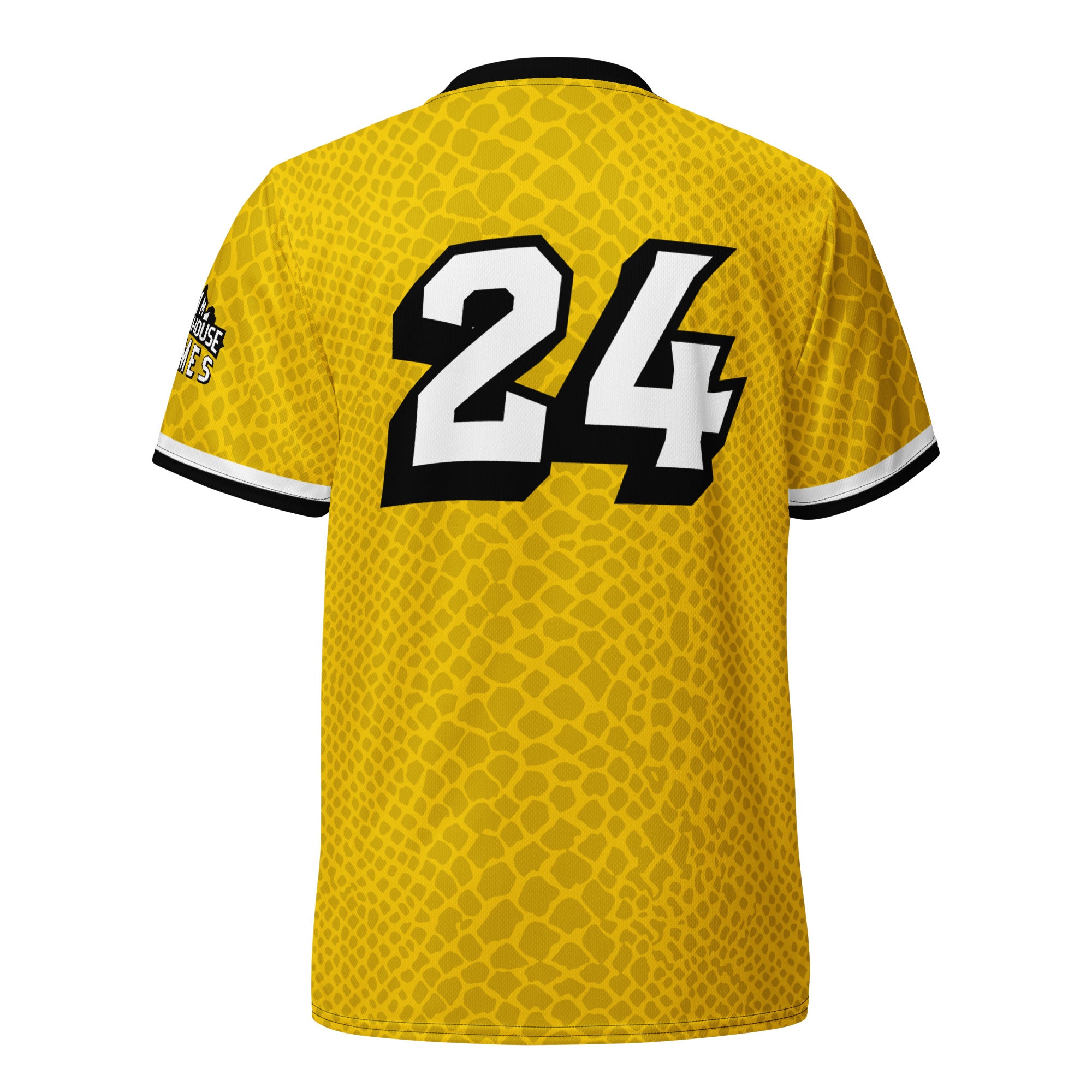 Yellow Blitzball Battle 6 jersey with black and white number 24 and a leopard print pattern, featuring a logo on the sleeve.