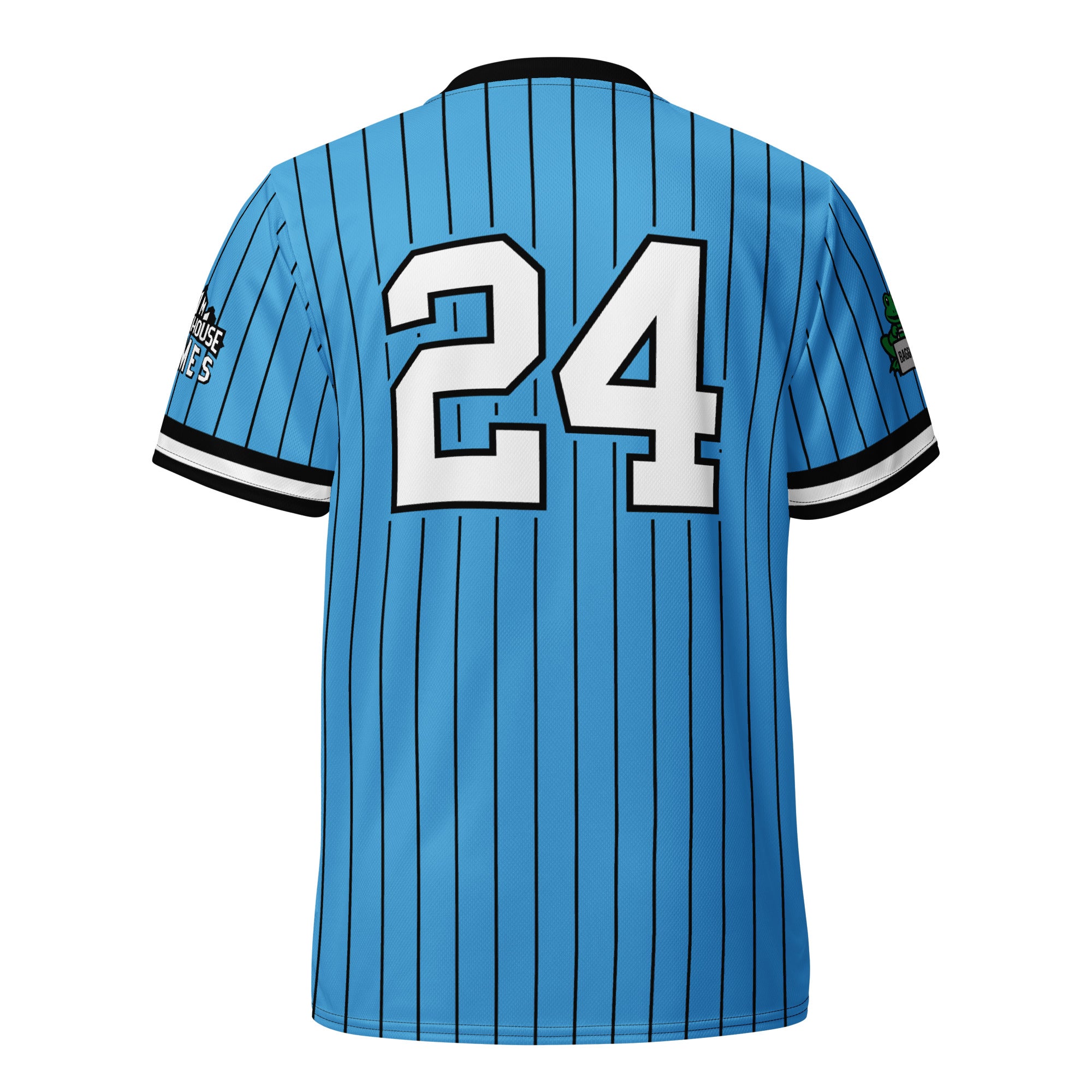 Blue Blitzball Battle 6 jersey with black pinstripes, large white number 24 on back, and team logos on sleeves.