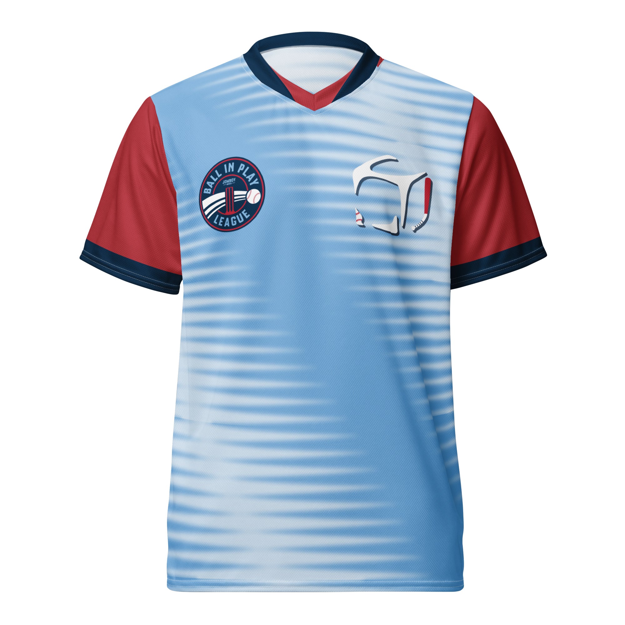 Light blue hockey jersey with red sleeves, navy accents, and patches including a "Ball in Play League" logo and a stylized "50" on the front.