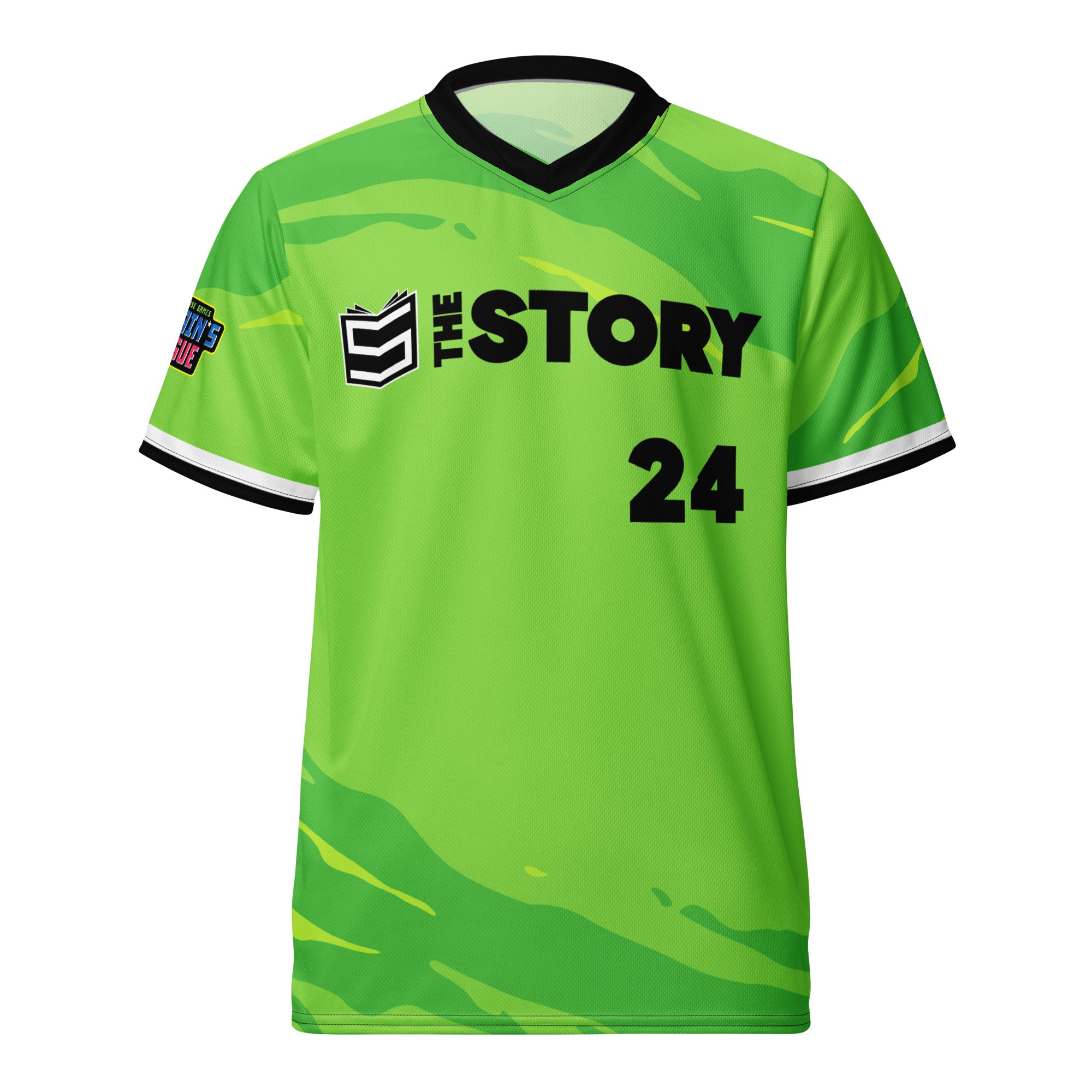 Green Captains' League jersey with black and white accents, featuring "The Story" logo, number 24, and league patch on sleeve.