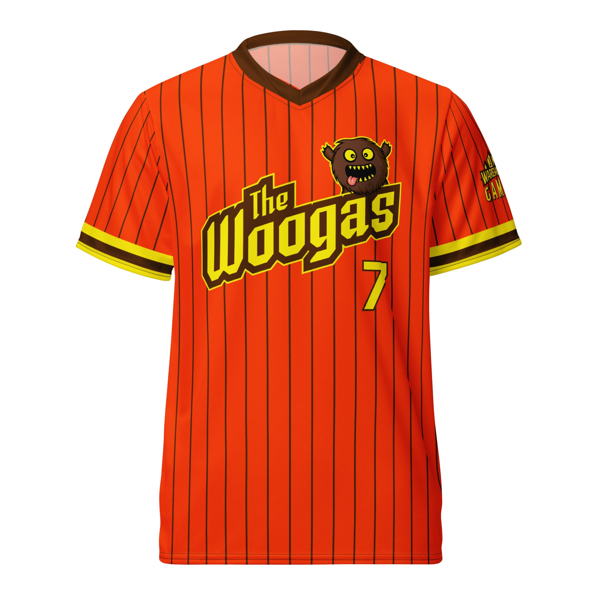 Bright orange Blitzball Battle 5 jersey featuring "The Woogas" logo, a bear mascot, and the number 7, with black pinstripes and yellow accents.
