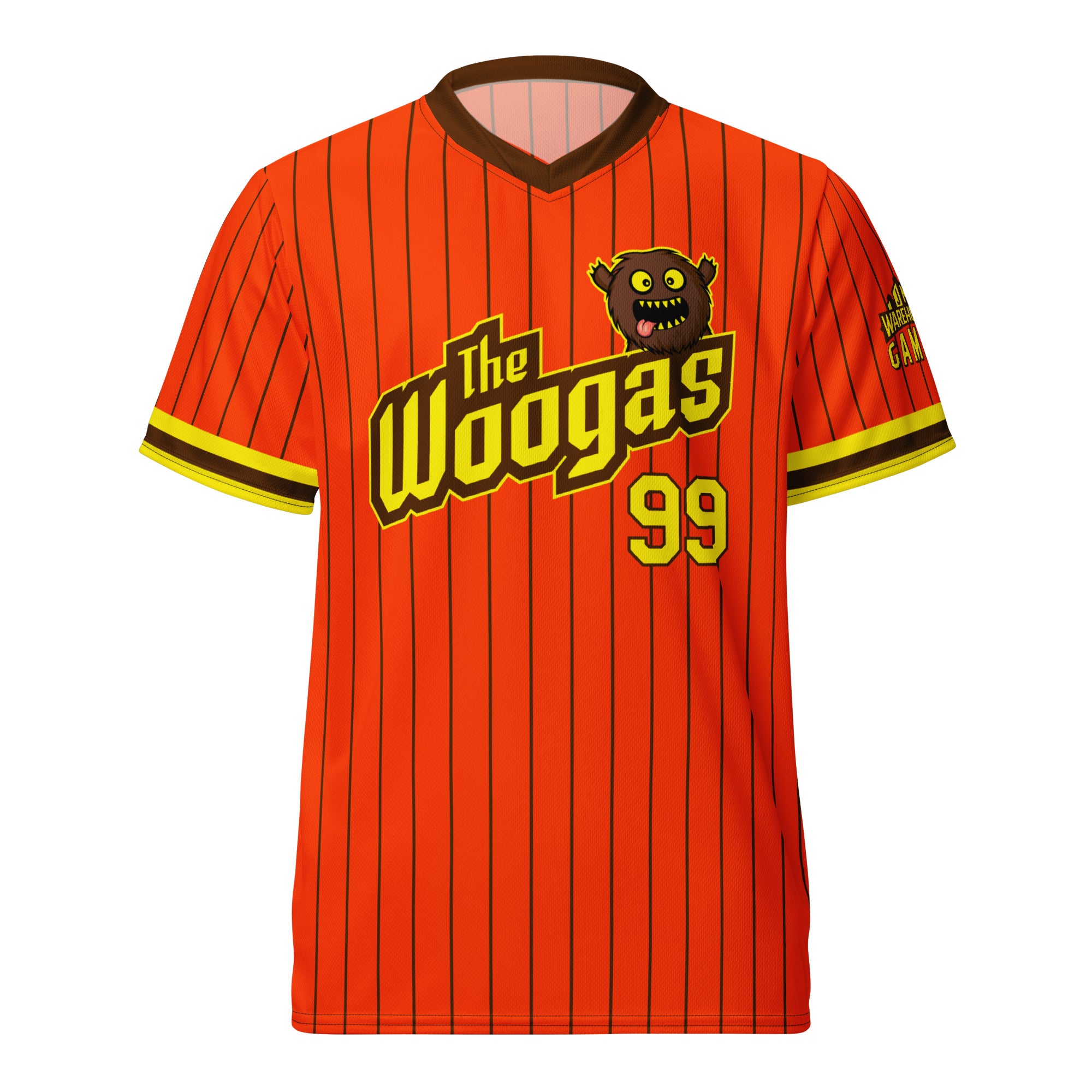 Bright orange Blitzball Battle 5 jersey featuring "The Woogas" logo, a bear mascot, and the number 99, with black pinstripes and yellow accents.
