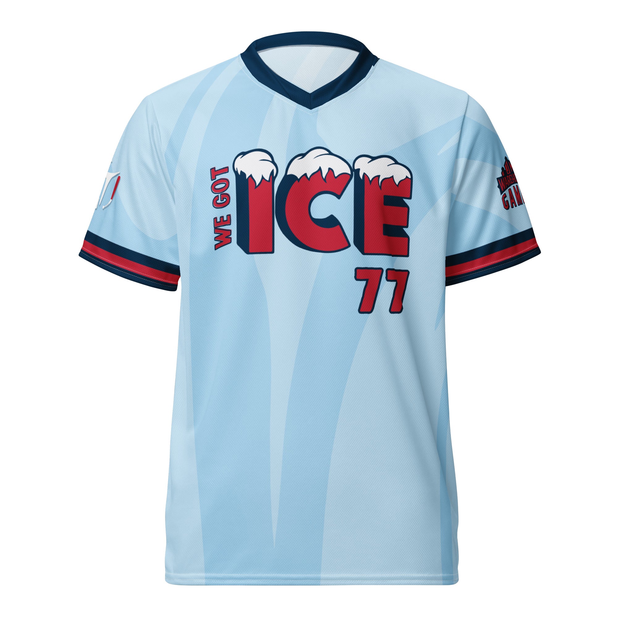 Light blue Blitzball Battle 6 jersey featuring "We Got Ice" text, red and navy accents, and the number 77 with ice-themed design elements.