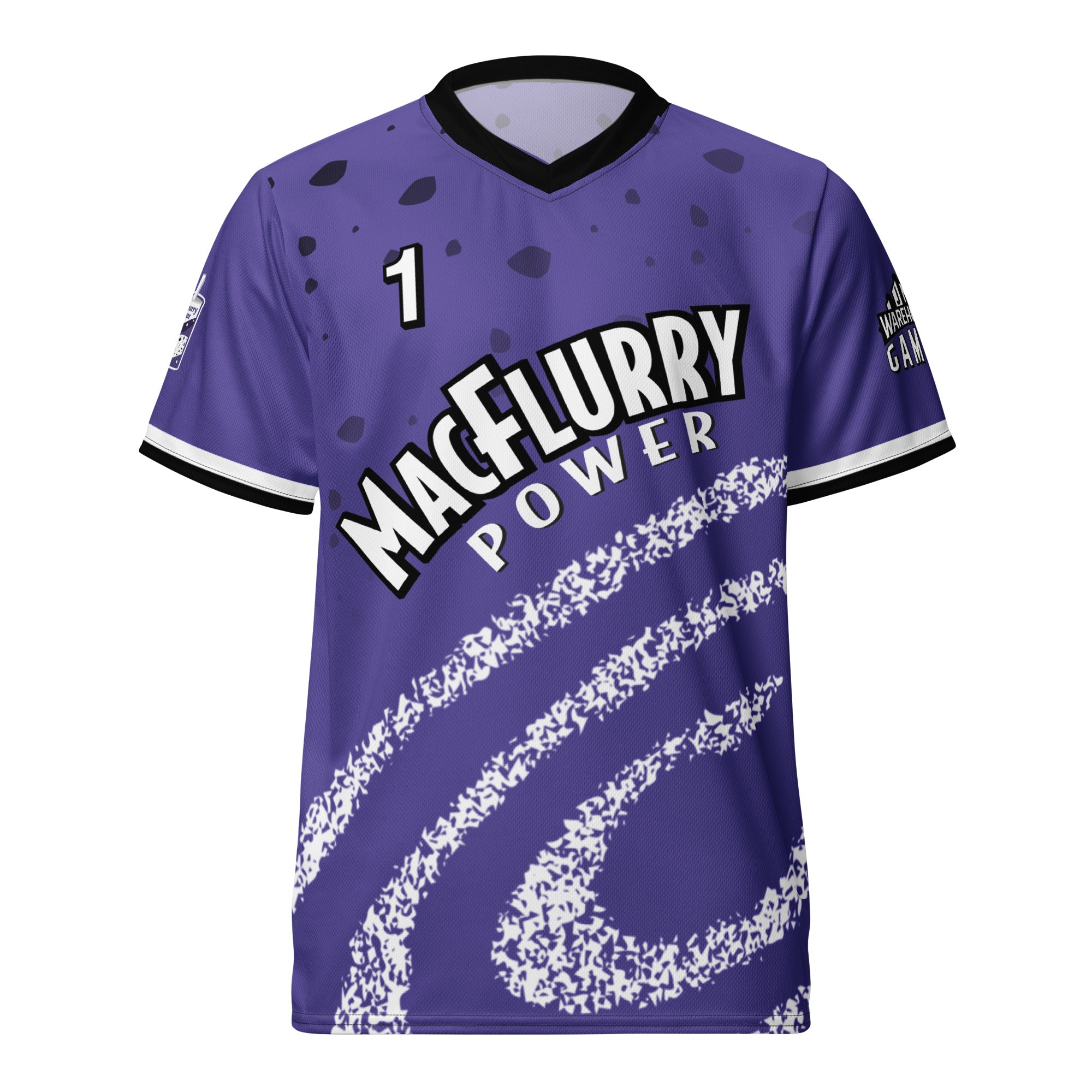 Purple Blitzball Battle 5 jersey featuring "MacFlurry Power" logo, black collar, and white and black accents.