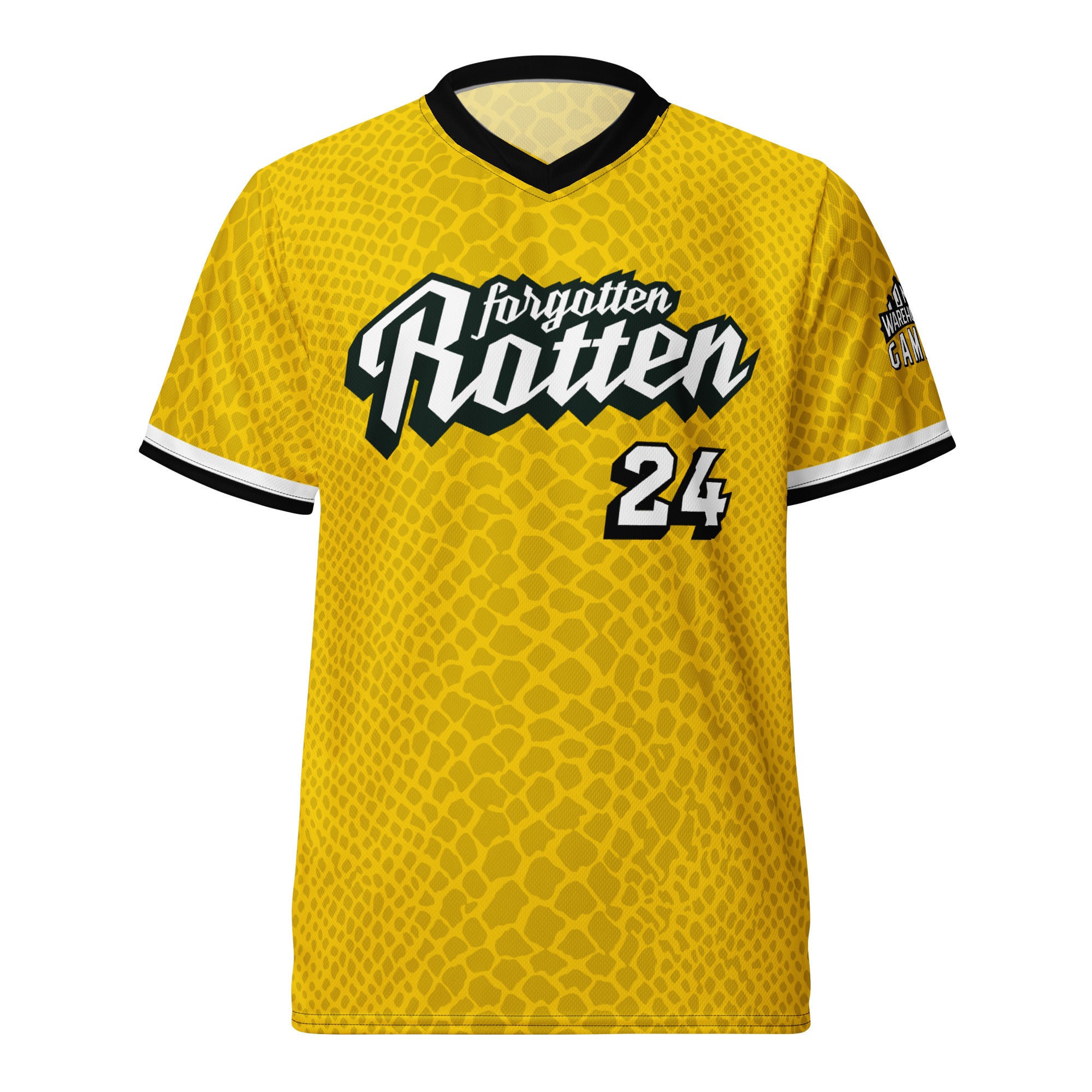 Yellow Blitzball Battle 6 jersey with "Forgotten Rotten" logo, number 24, black and white accents, and a patch on the sleeve.