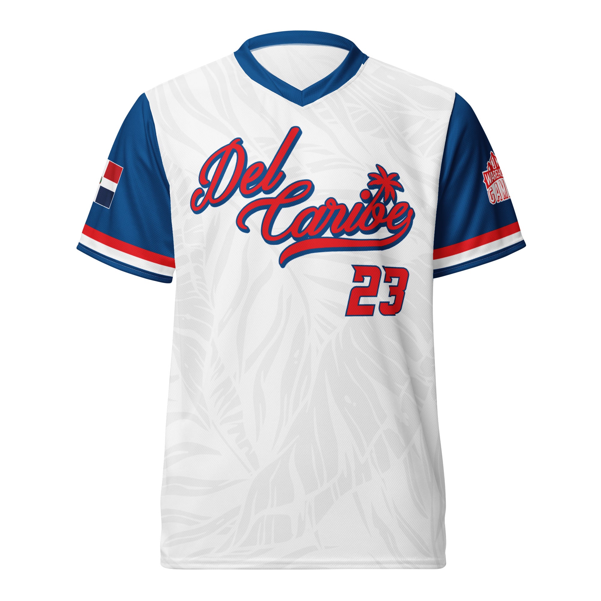 White and blue Blitzball Battle 6 jersey featuring "Del Caribe" text, number 23, and tropical palm design.