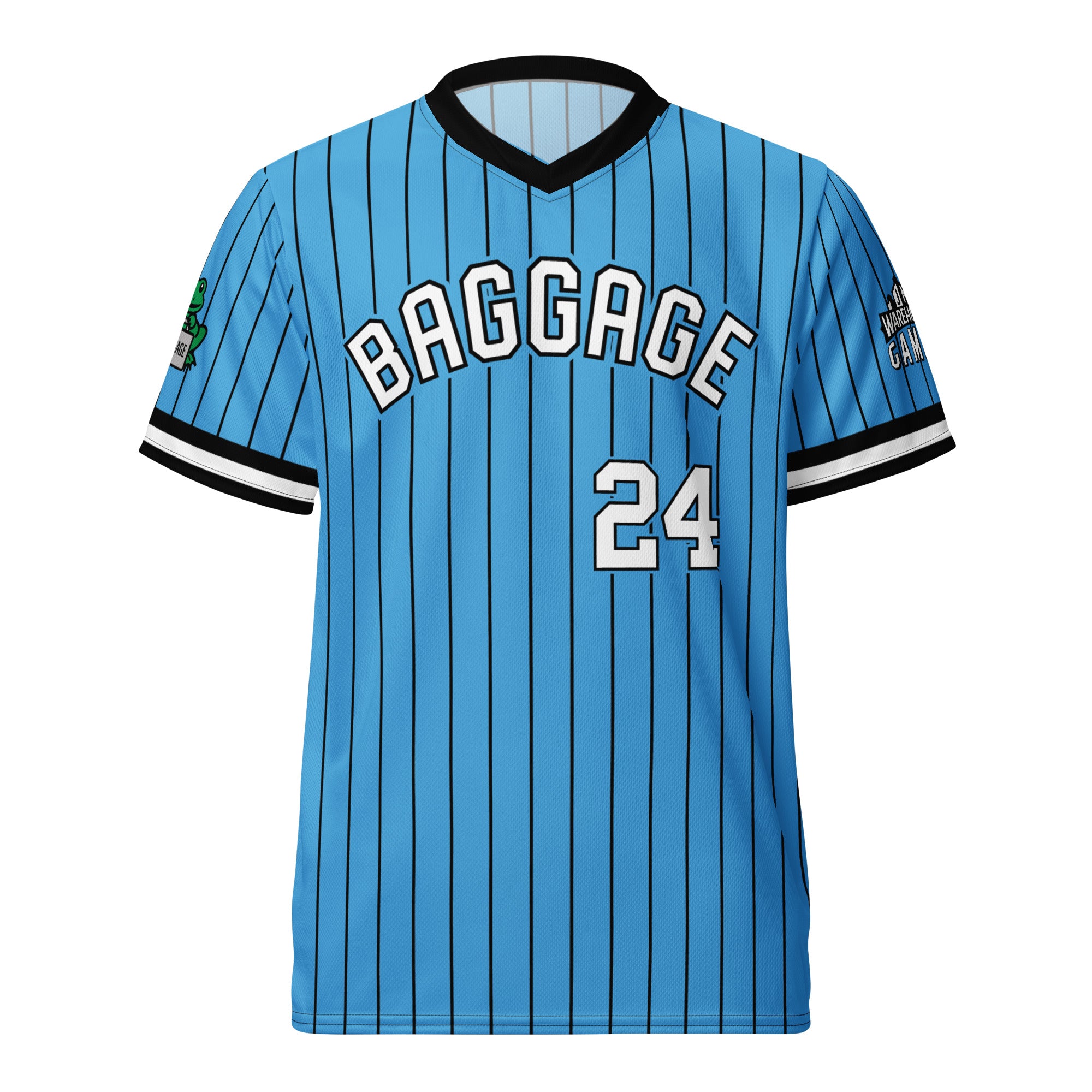 Blue Blitzball Battle 6 jersey with black and white accents, "Baggage" and number 24 printed on front, team logo on sleeve.