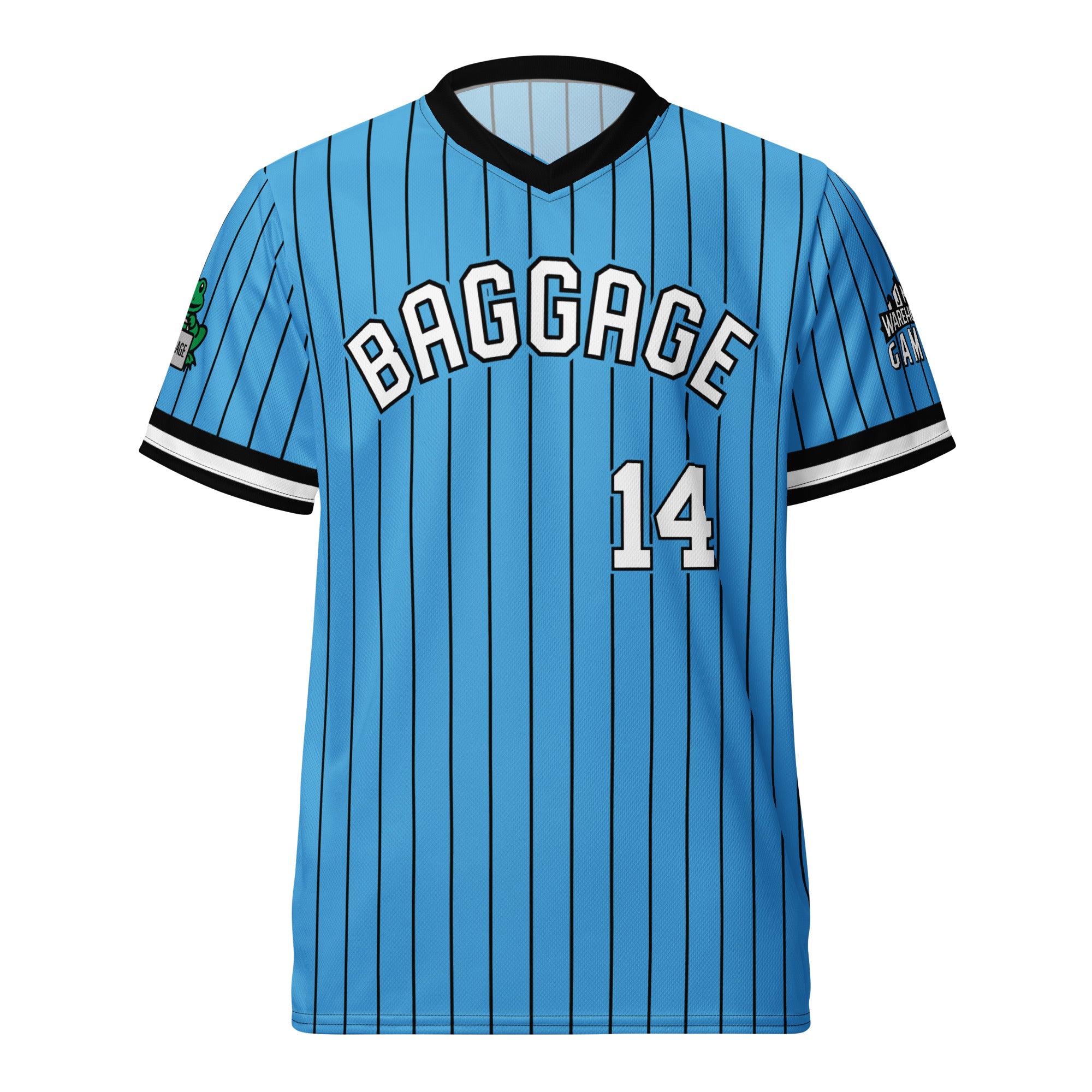 Blue Blitzball Battle 6 jersey with black and white accents, "BAGGAGE" text, number 14, and team logos on sleeves.