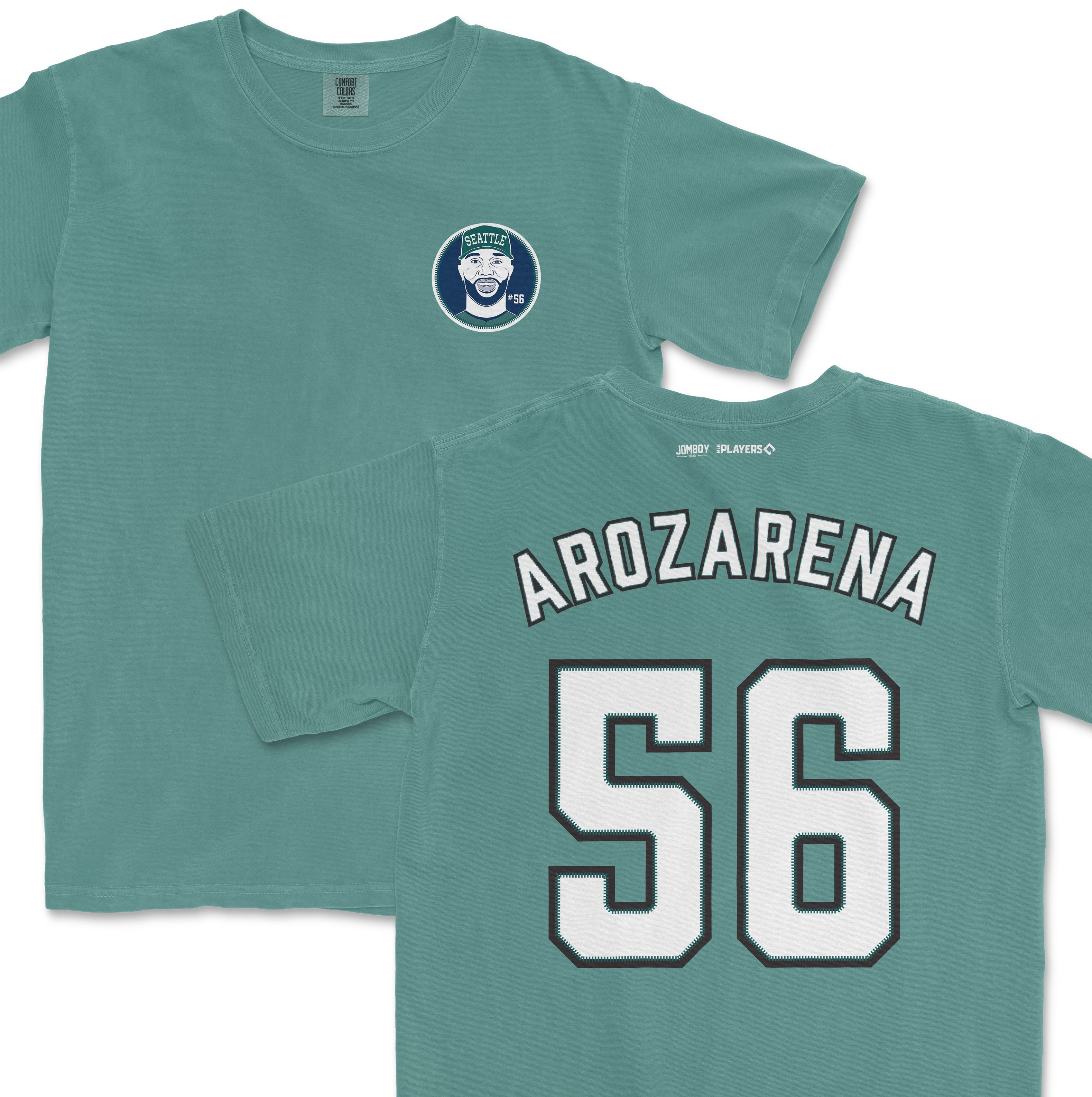 Teal Randy Arozarena shirsey with "ARROZARENA" and number "56" printed on the back, and a Seattle-themed graphic on the front.