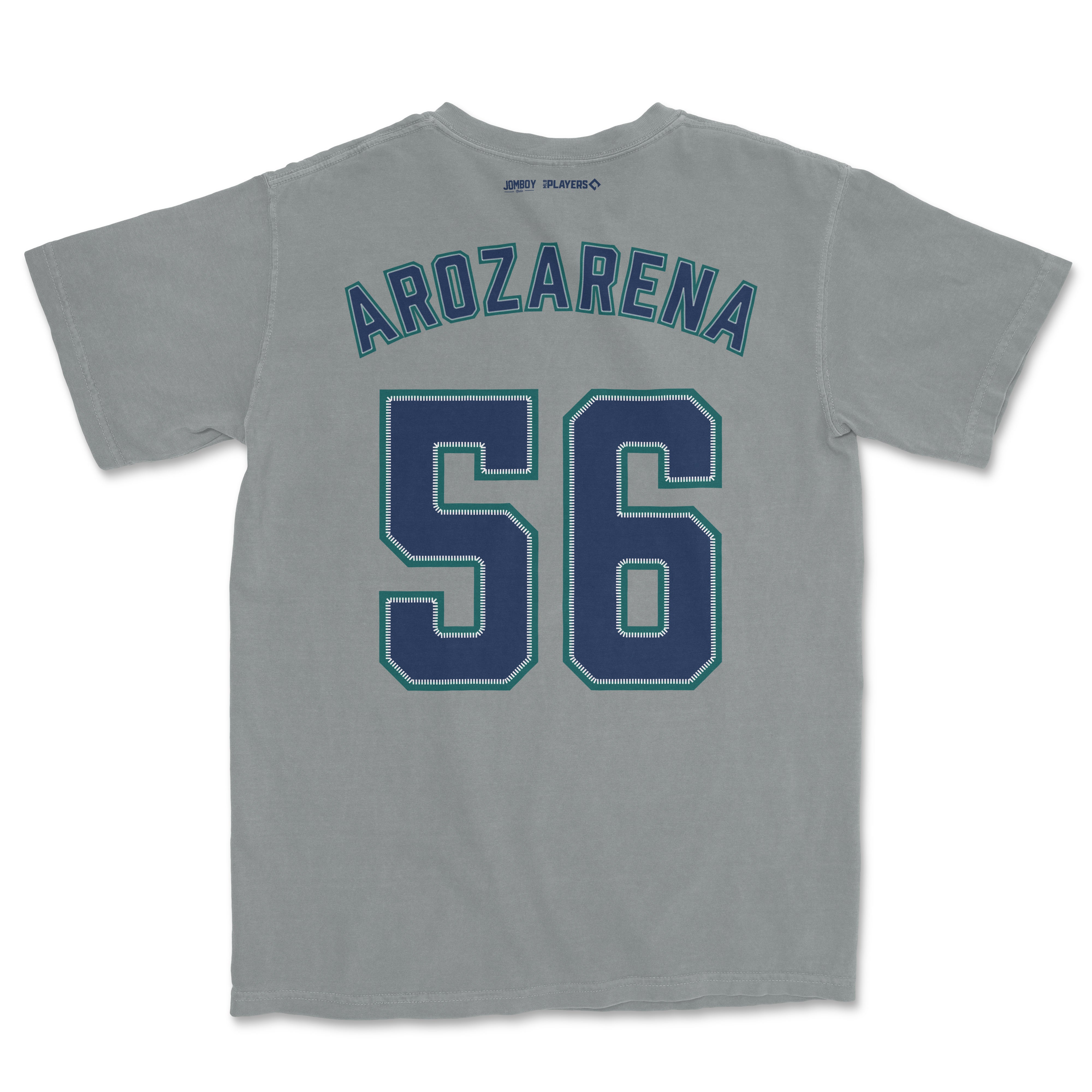 Gray Randy Arozarena shirsey with "ARROZARENA" and the number "56" printed on the back in blue and teal lettering.