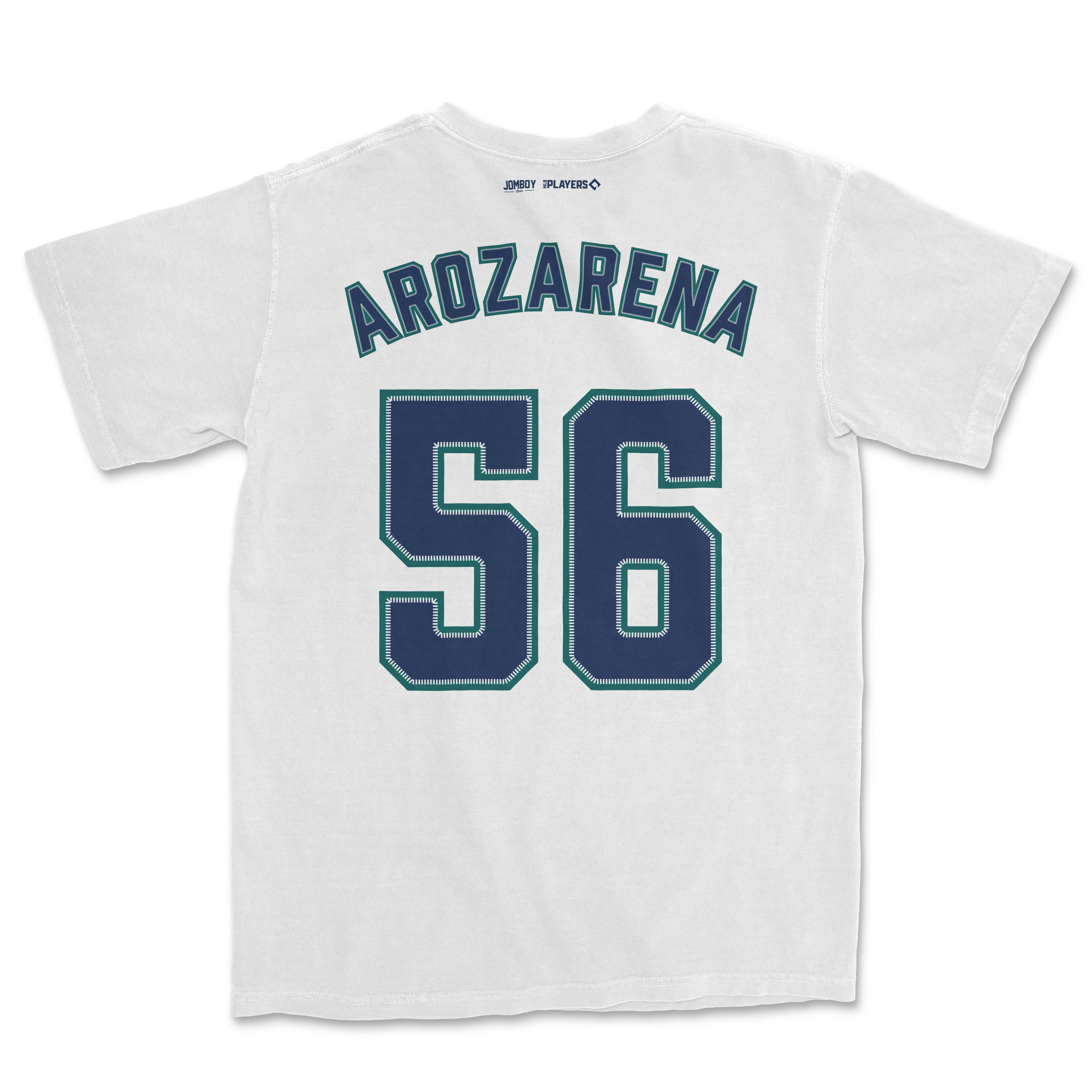 White Randy Arozarena shirsey with his name and number 56 printed in blue on the back.