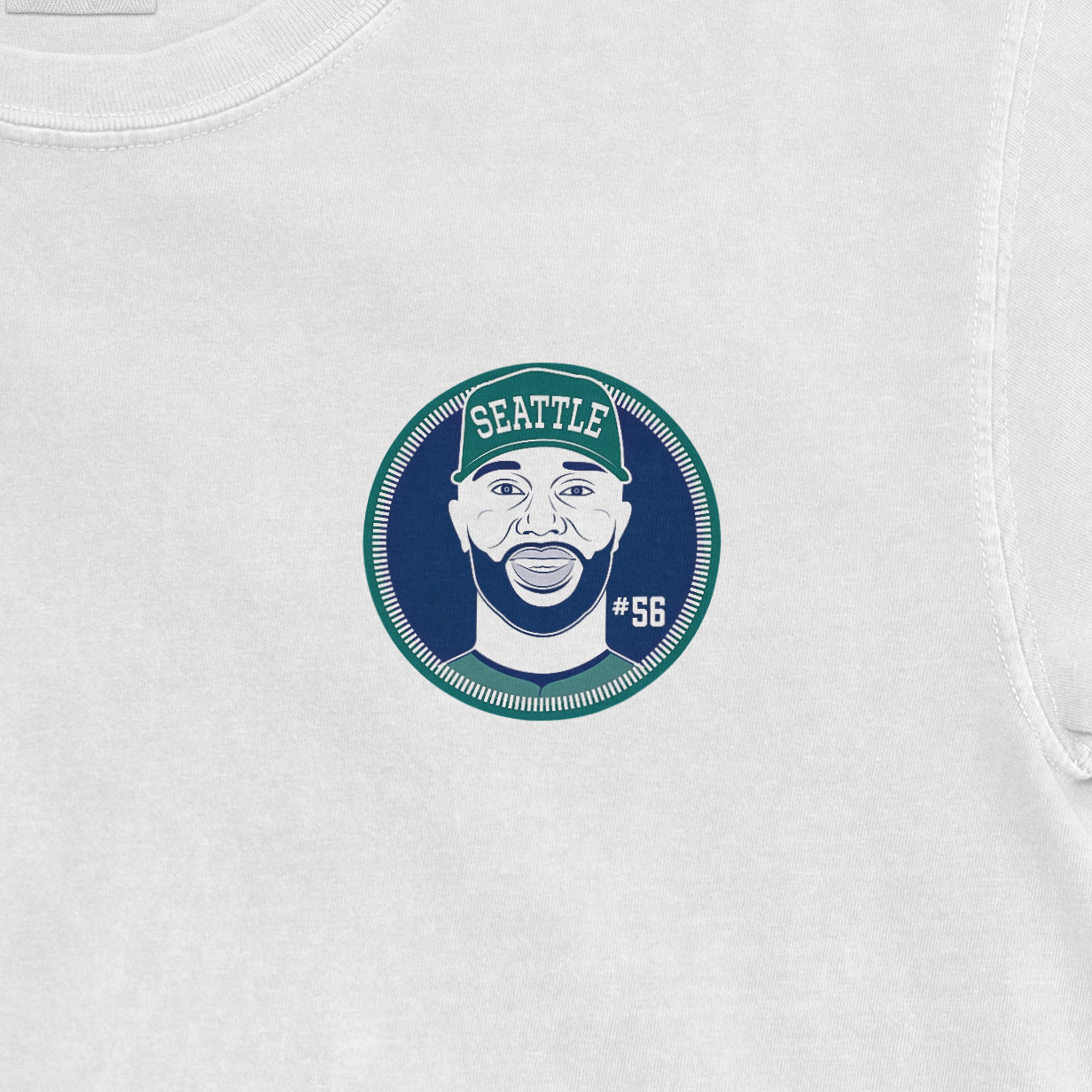 White Randy Arozarena shirsey with a Seattle-themed graphic of a smiling man wearing a cap, #56, in blue, green, and white colors.