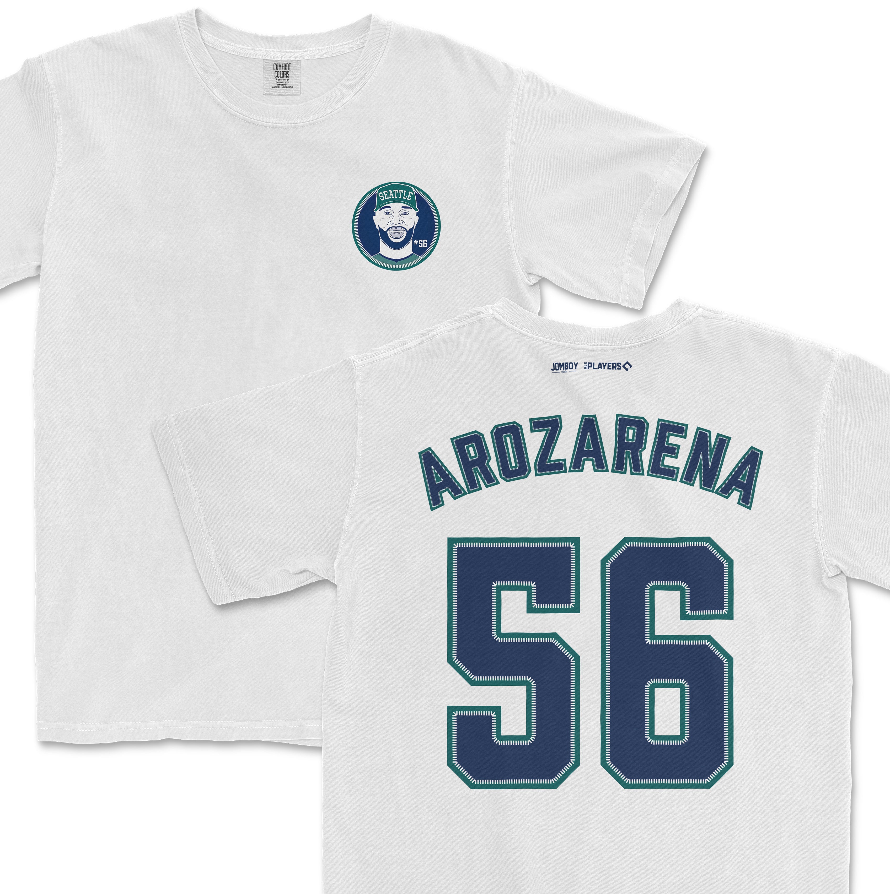White Randy Arozarena shirsey with "ARROZARENA" and the number 56 on the back, and a Seattle-themed logo on the front.