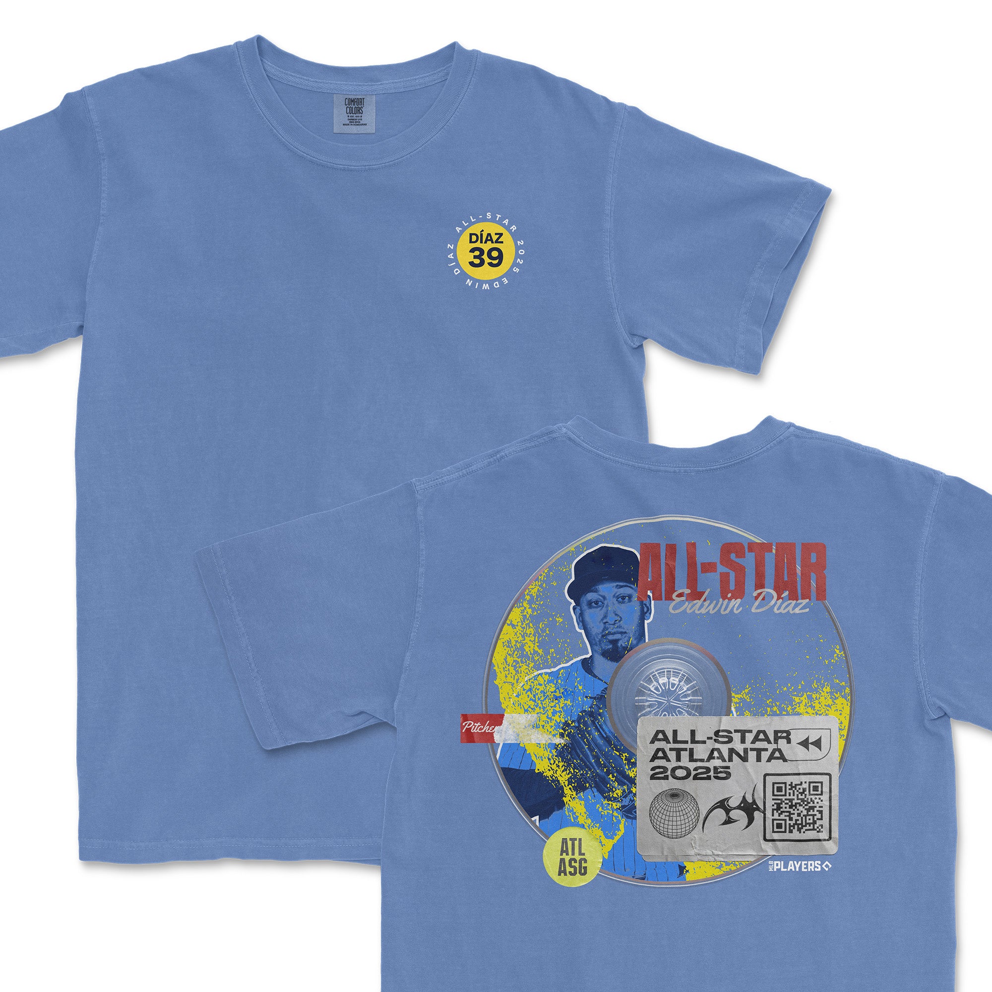 Edwin Díaz All-Star 2025 t-shirt featuring a blue design with a graphic of Díaz and event details on the back.