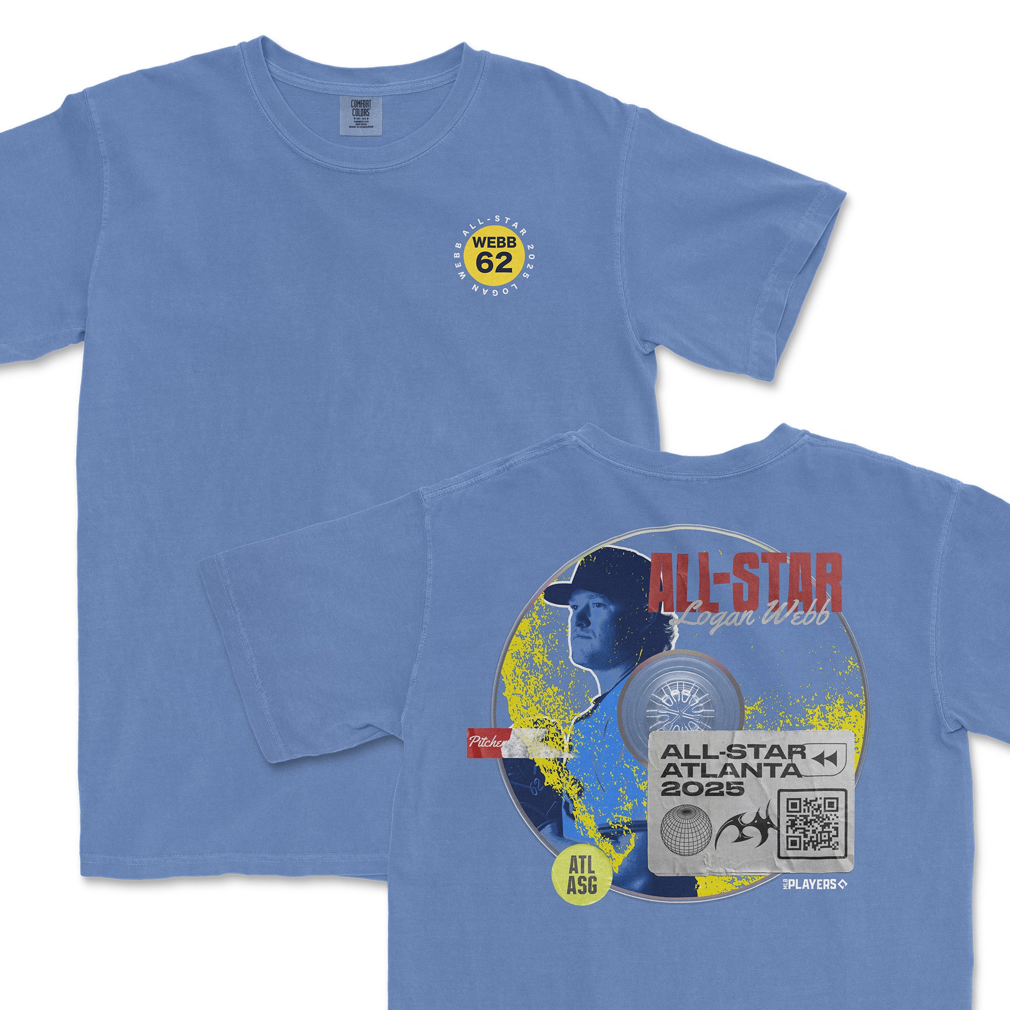 Logan Webb All-Star 2025 t-shirt featuring a blue design with player graphics and event details on the back.