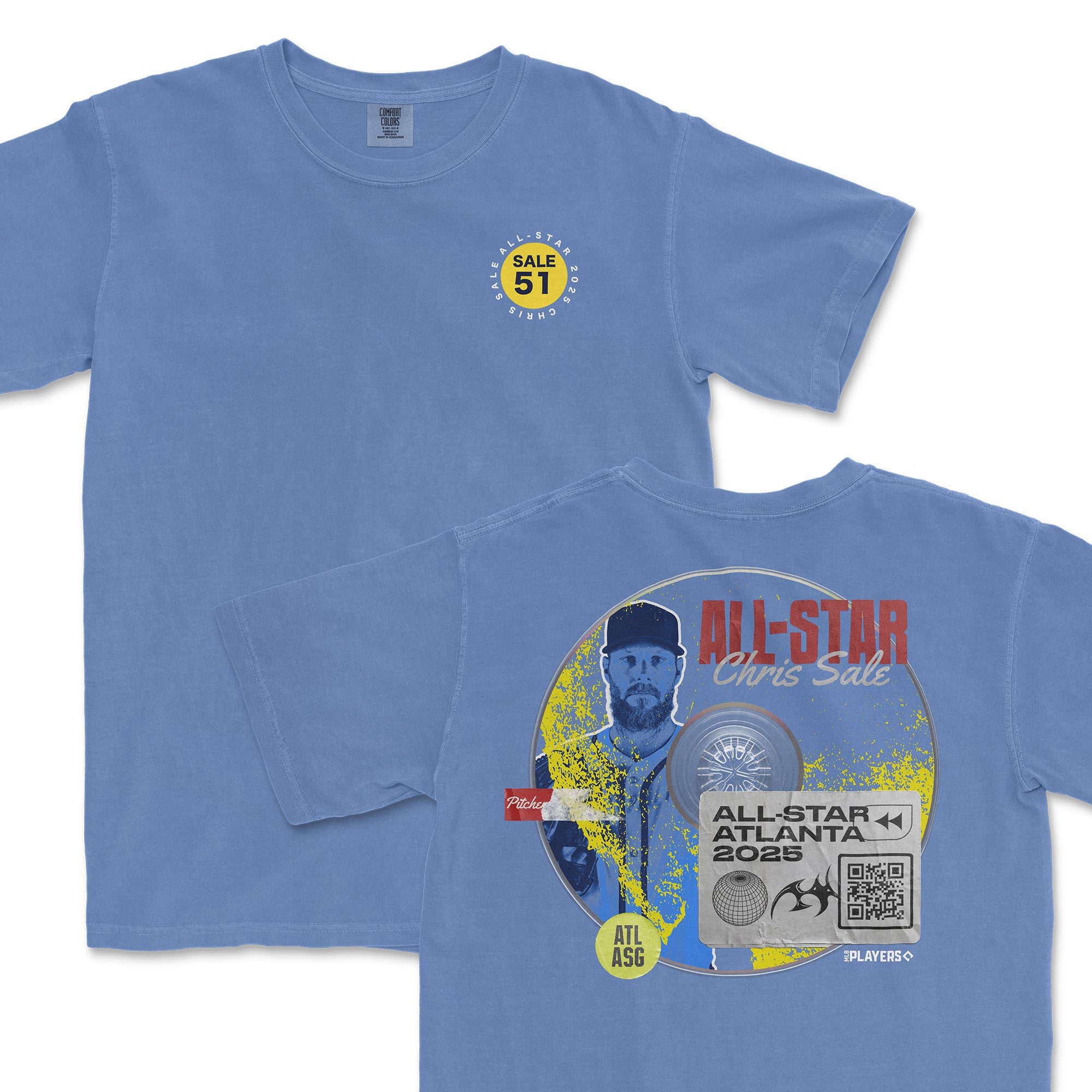 Light blue t-shirt featuring Chris Sale's All-Star 2025 graphic with his name, number, and QR code on the back.