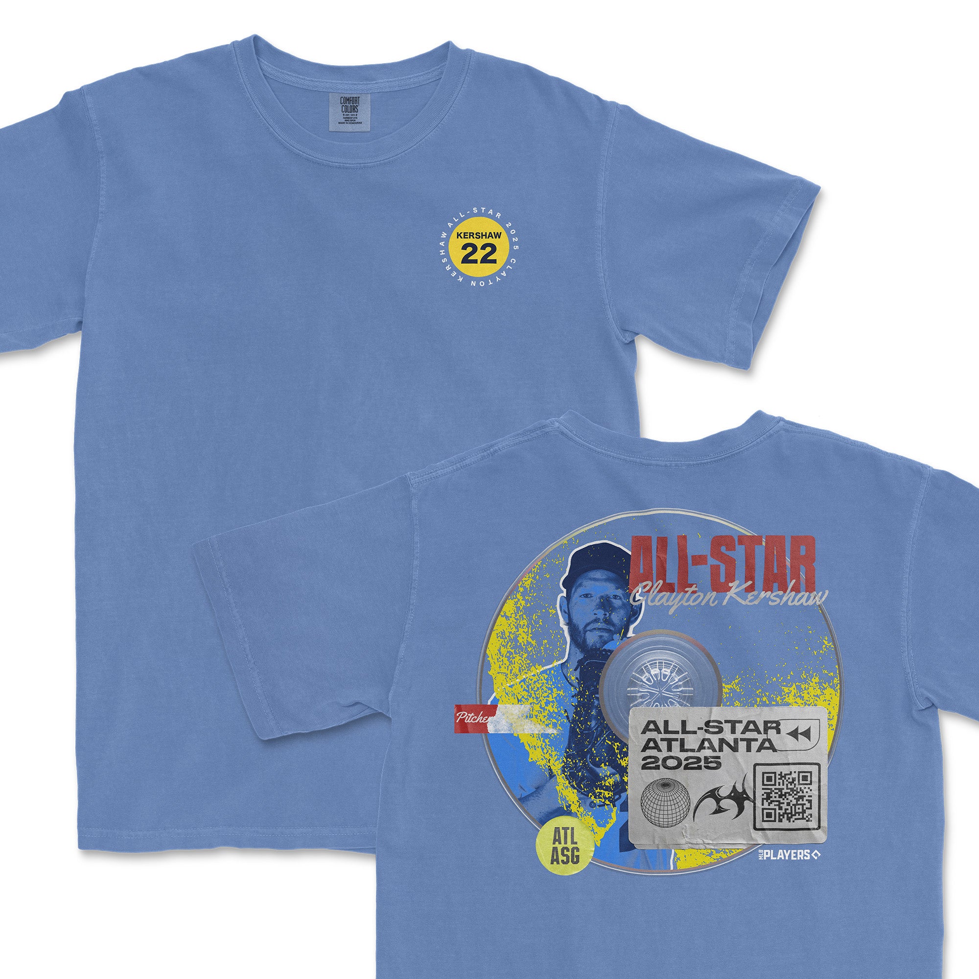 Clayton Kershaw All-Star 2025 t-shirt featuring a blue design with graphics and text celebrating the event.