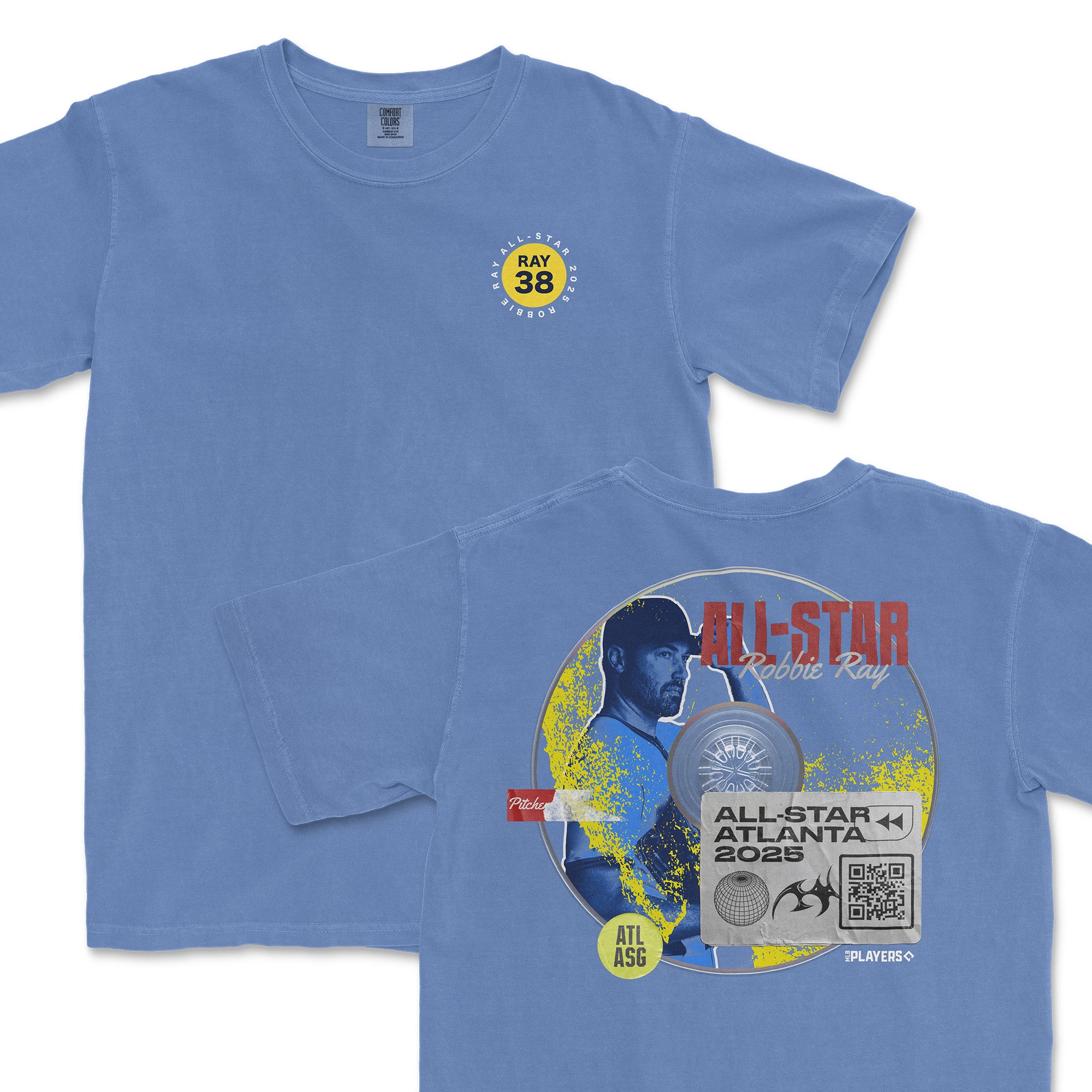 Blue t-shirt featuring Robbie Ray's name and number 38, with an All-Star 2025 graphic and QR code on the back.