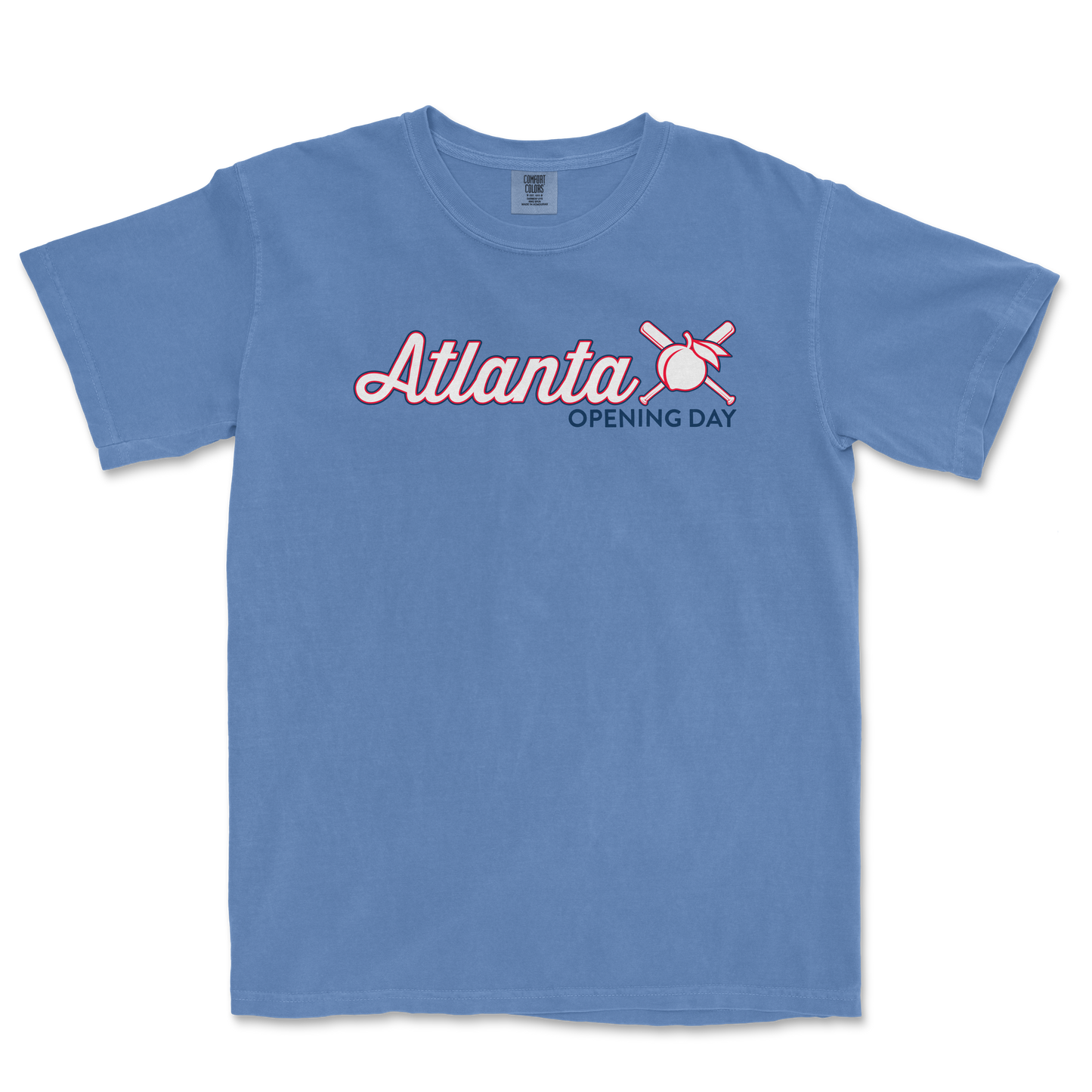 Blue Comfort Colors T-shirt featuring "Atlanta Opening Day '25" text with a baseball, bat, and crossed sticks graphic.