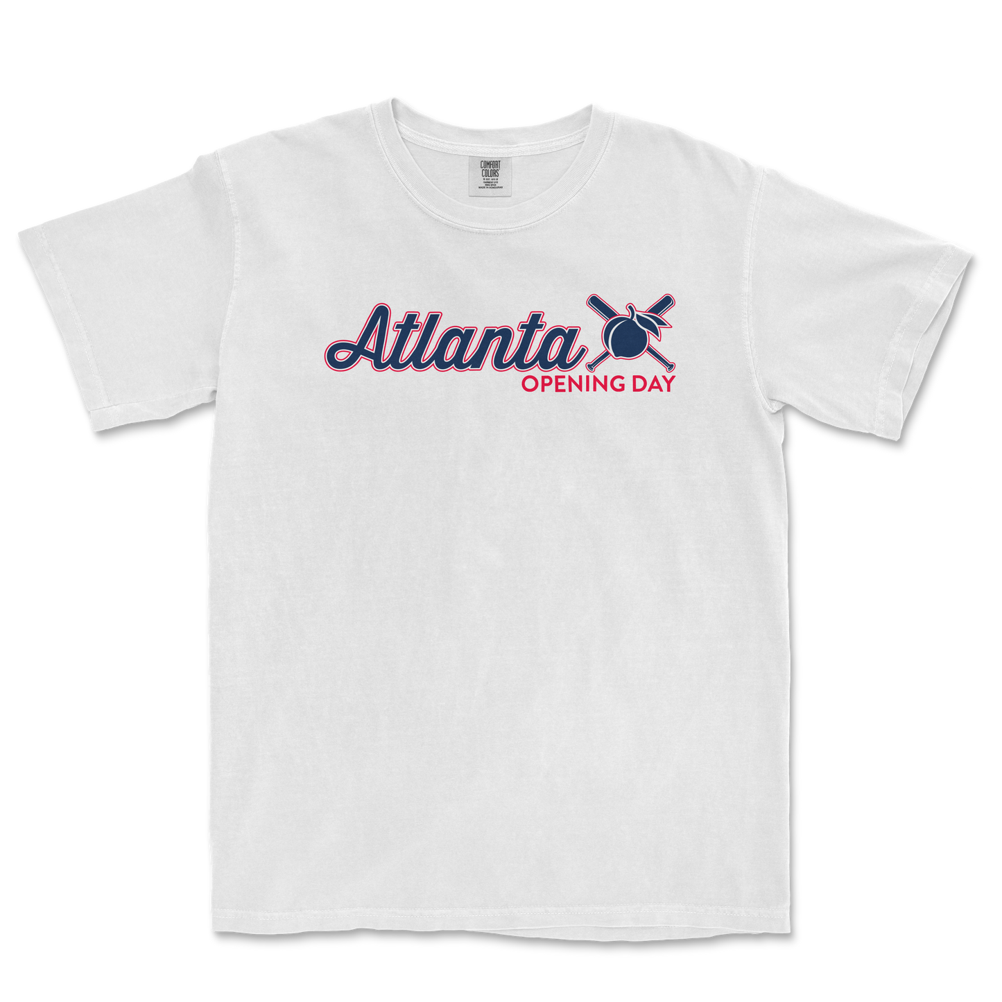 White Comfort Colors tee featuring "Atlanta Opening Day" text with a baseball bat and ball graphic in navy and red.